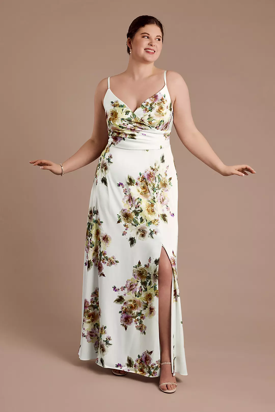 Floral Print Matte Satin Surplice A-Line Dress - Image 12