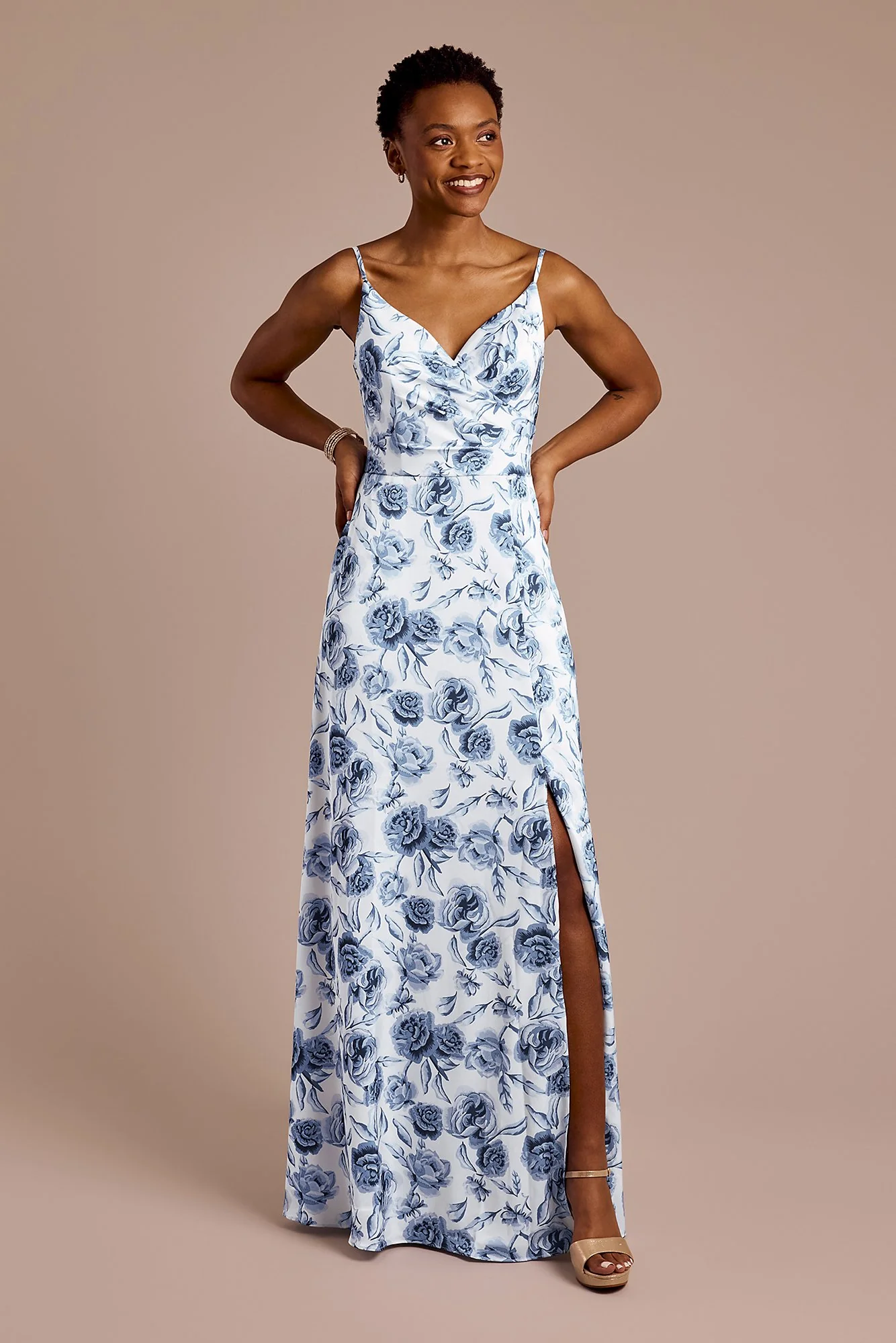 Floral Print Matte Satin Surplice A-Line Dress - Image 5