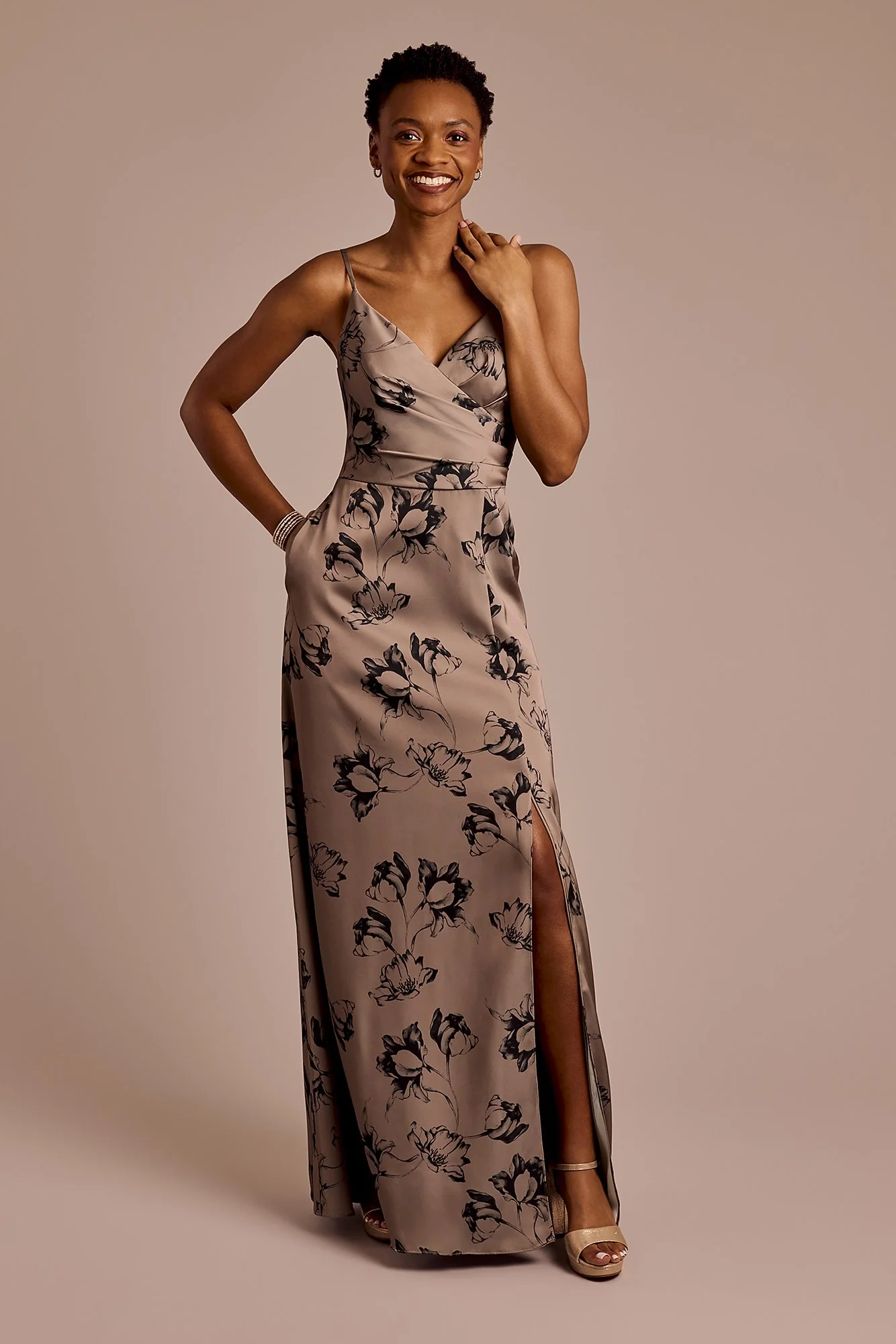 Floral Print Matte Satin Surplice A-Line Dress - Image 6