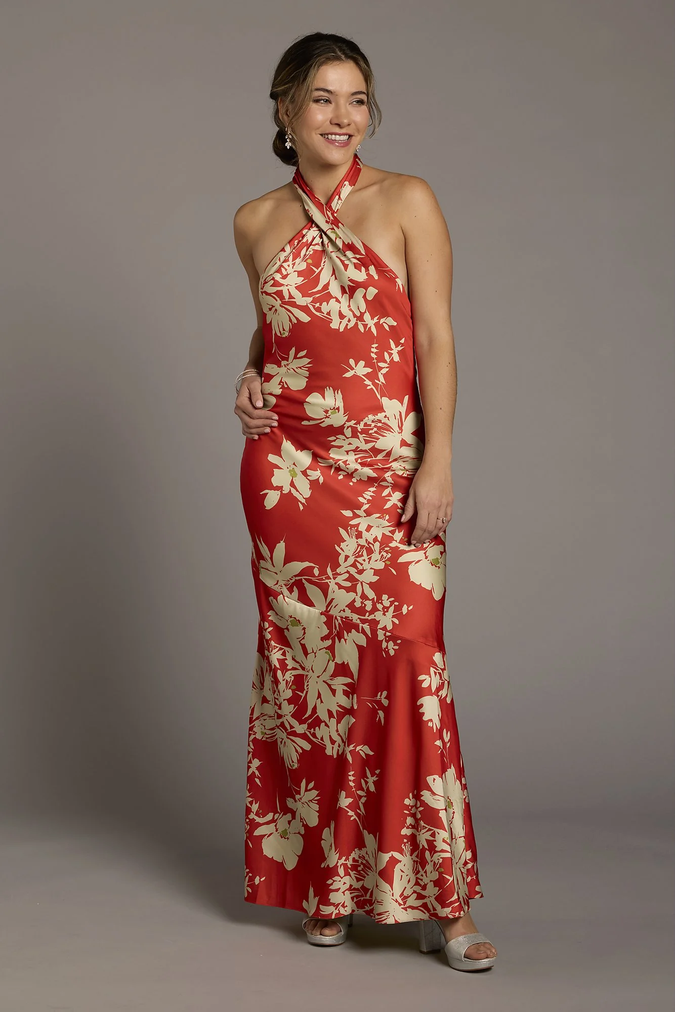Floral Print Matte Satin Y-Neck Sheath Dress - Image 2