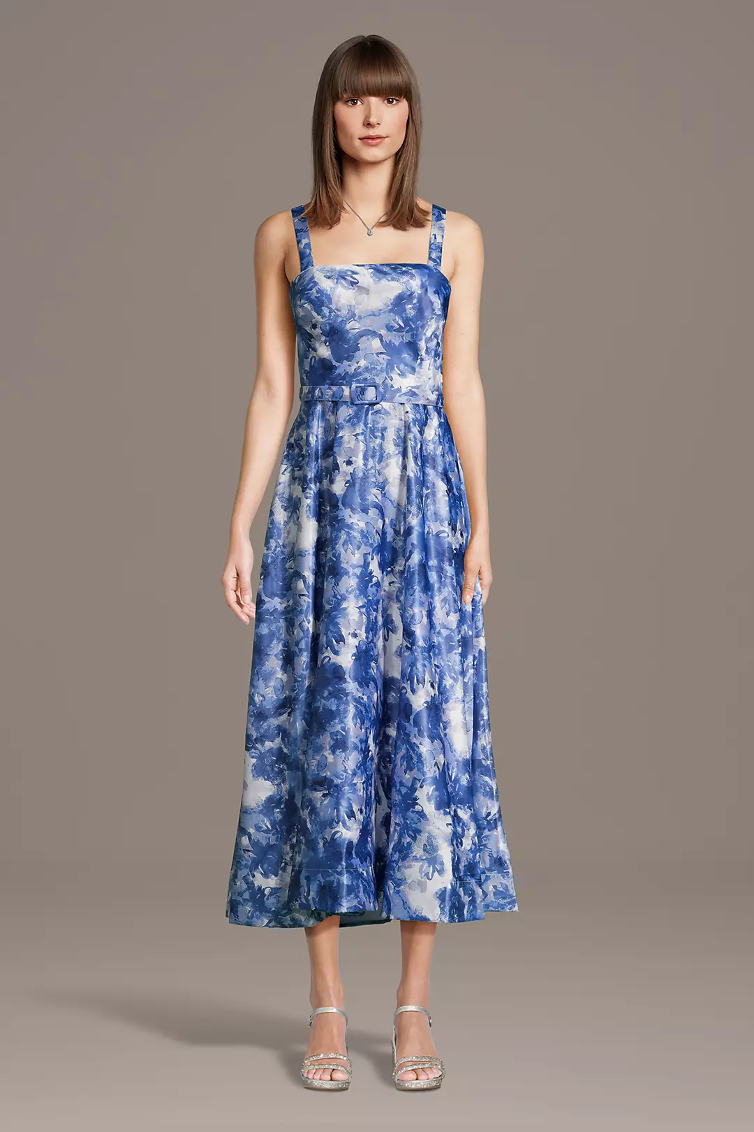Floral Print Satin Belted A-Line Midi Dress