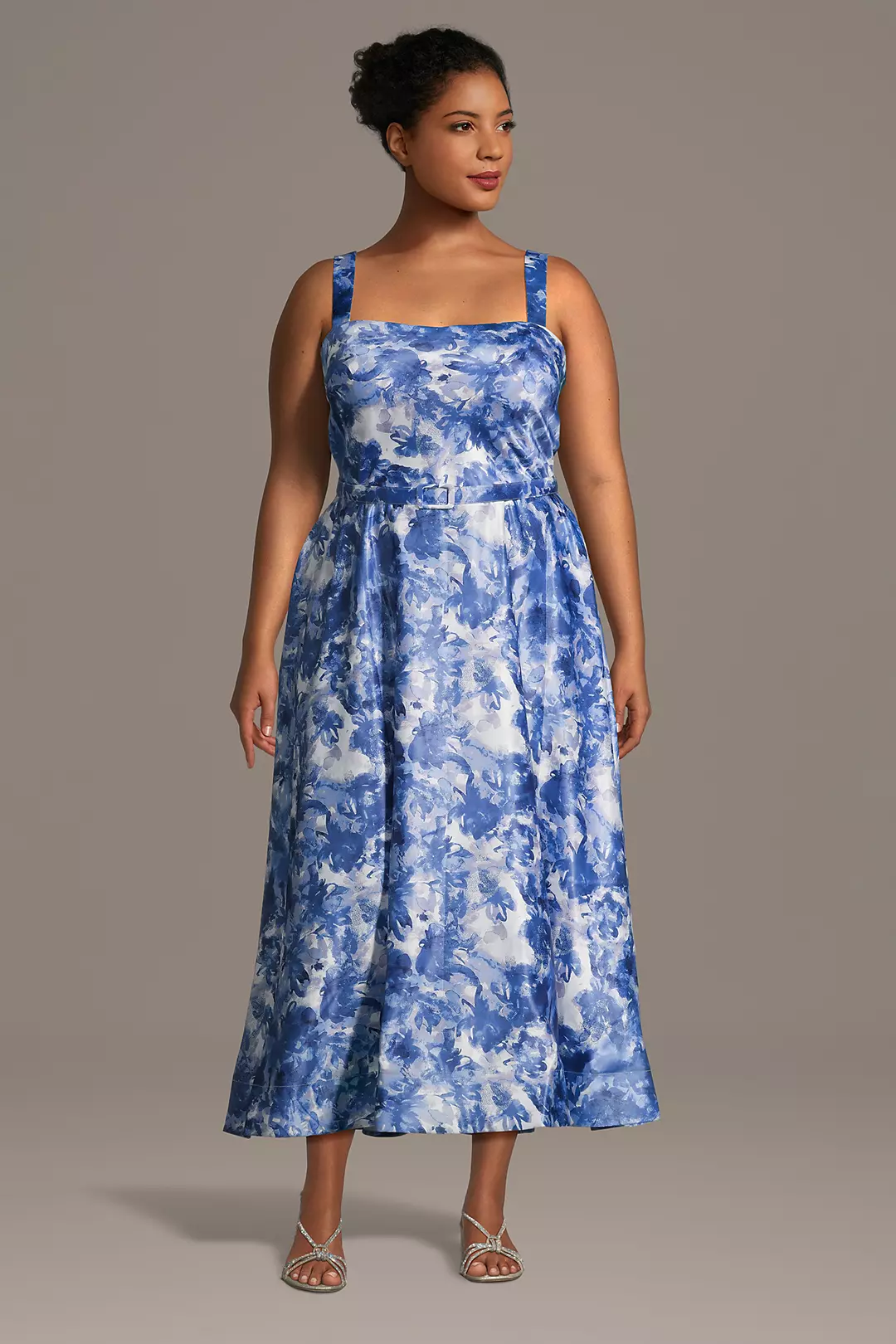 Floral Print Satin Belted A-Line Midi Dress - Image 2