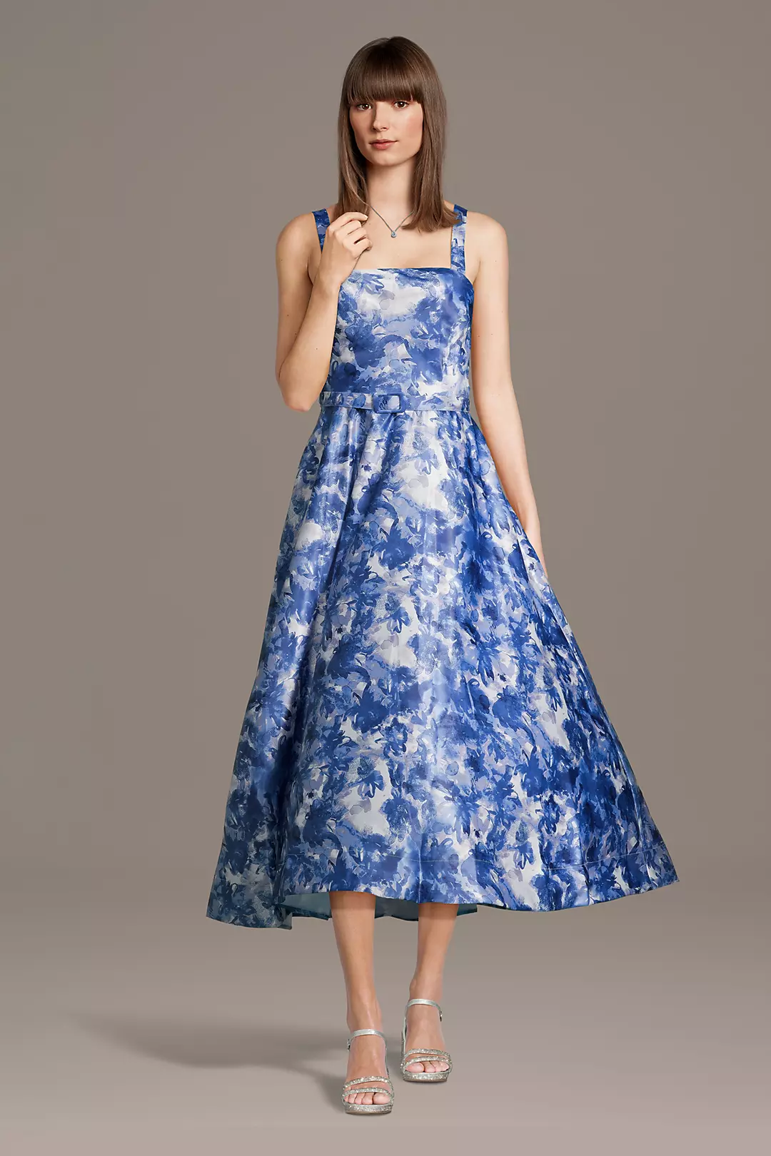 Floral Print Satin Belted A-Line Midi Dress - Image 3