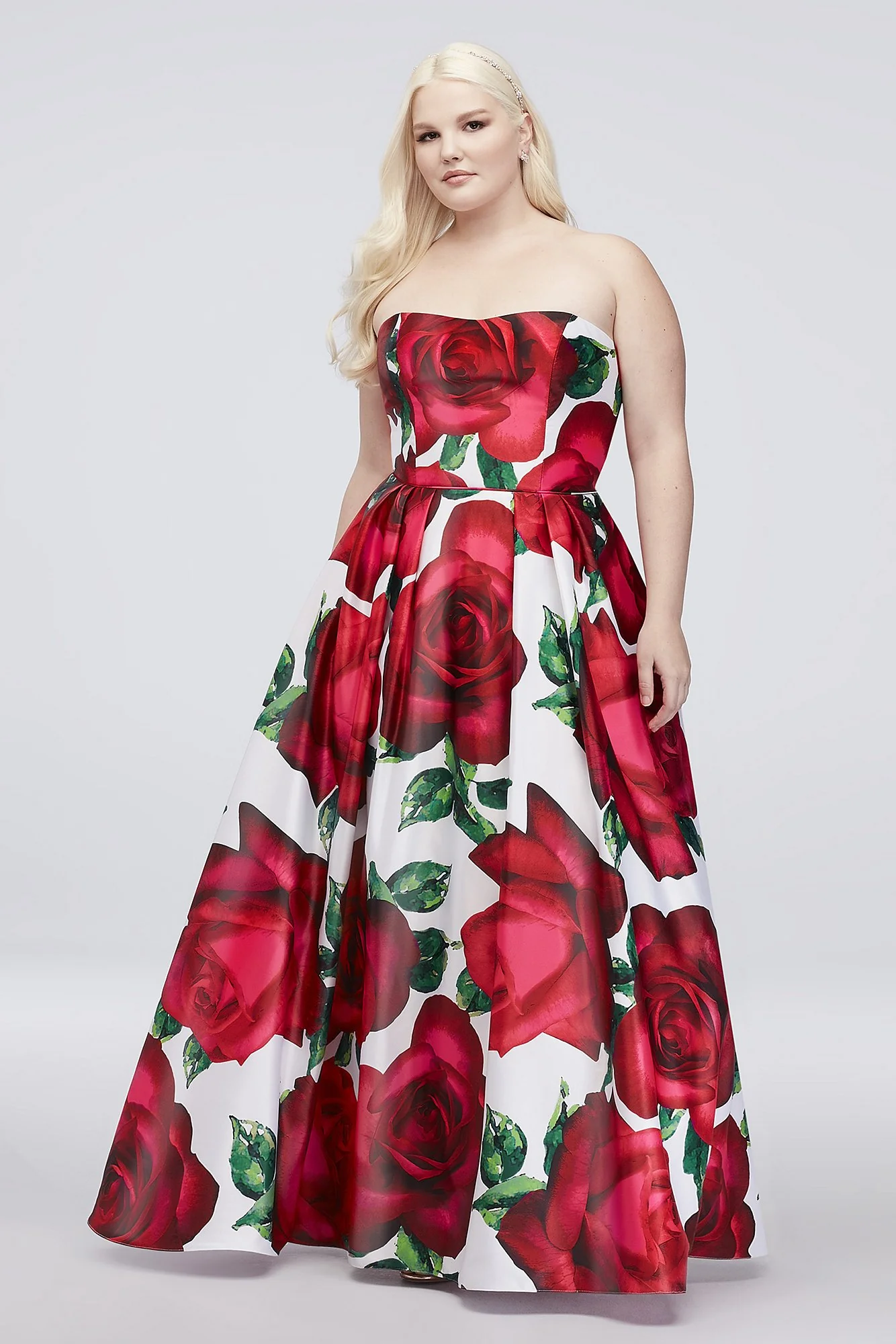 Floral Print Strapless Lace-Up Satin Ball Gown - Image 3