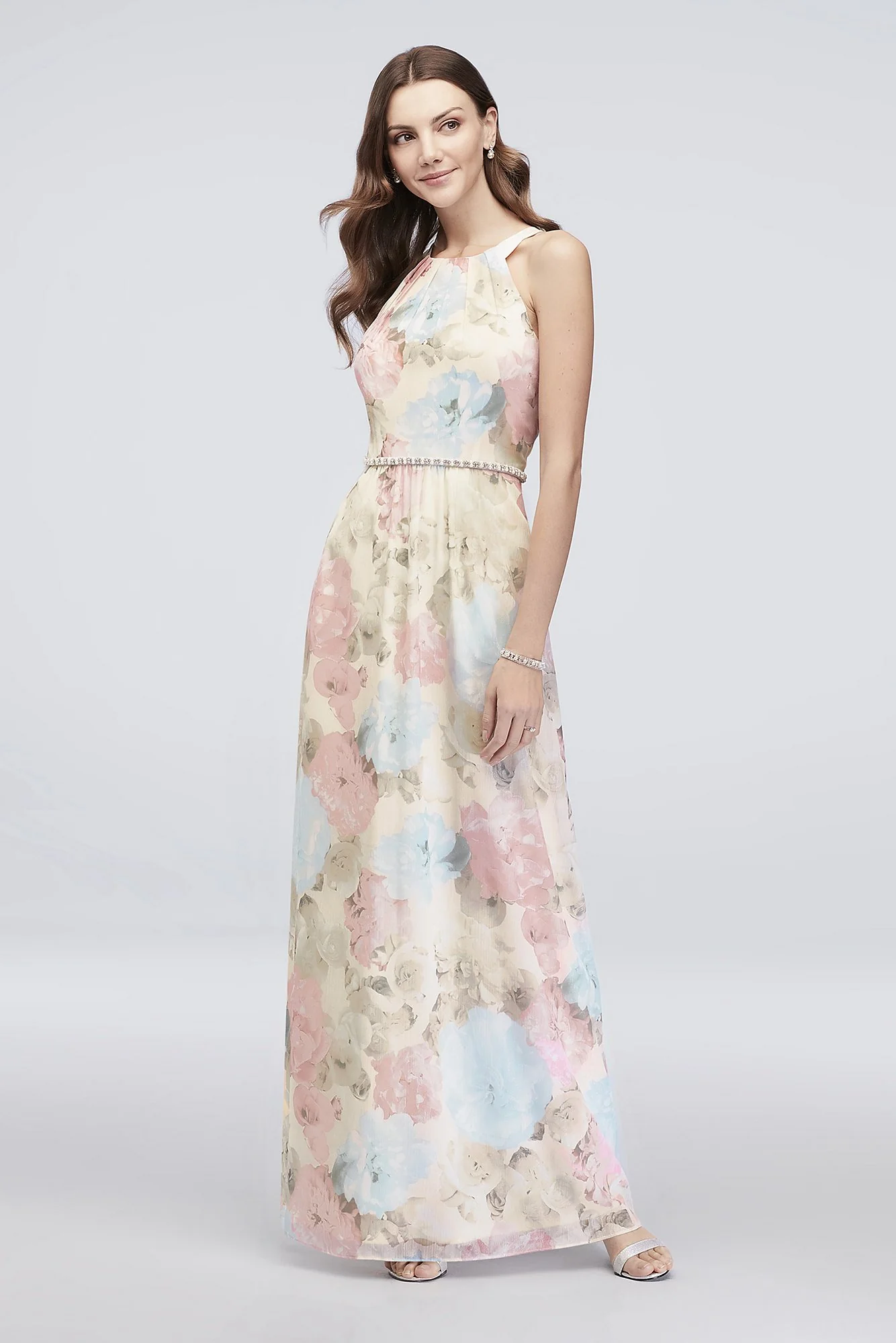 Floral-Printed Chiffon Sheath with Beaded Waist