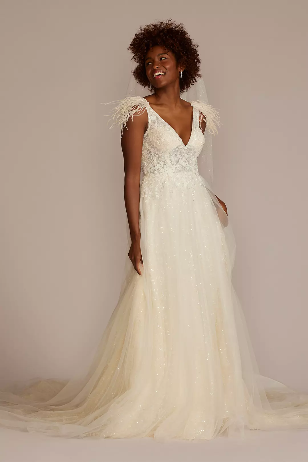 Floral Sequin Feathered Wedding Dress - Image 17