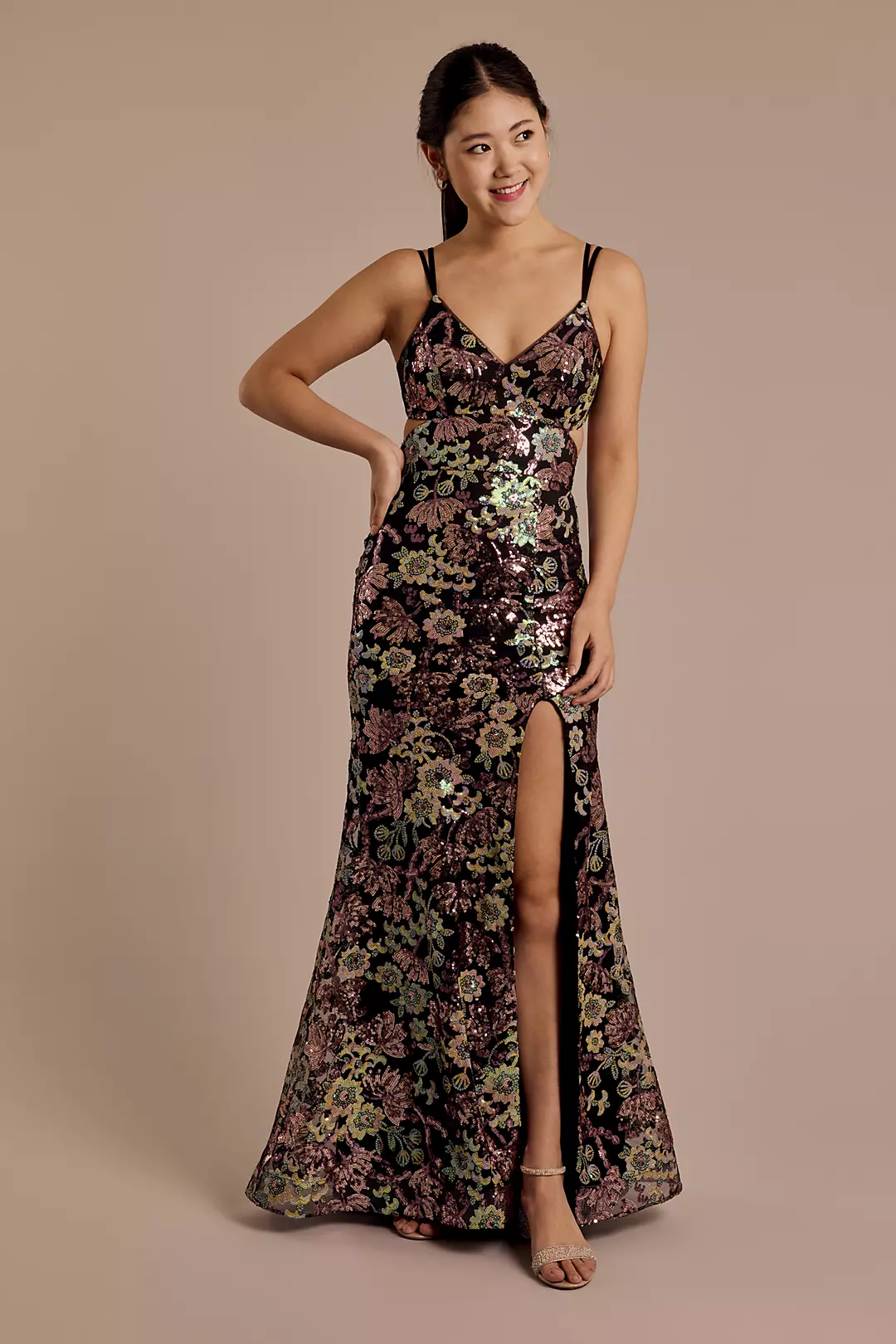 Floral Sequin Mermaid Dress with Cutout - Image 4