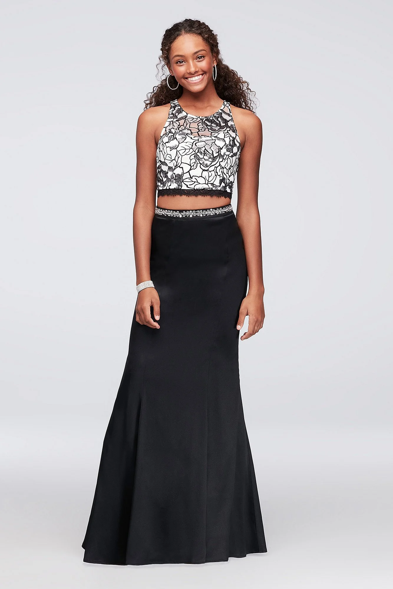Floral Sequin Two-Piece Dress with Satin Skirt - Image 2