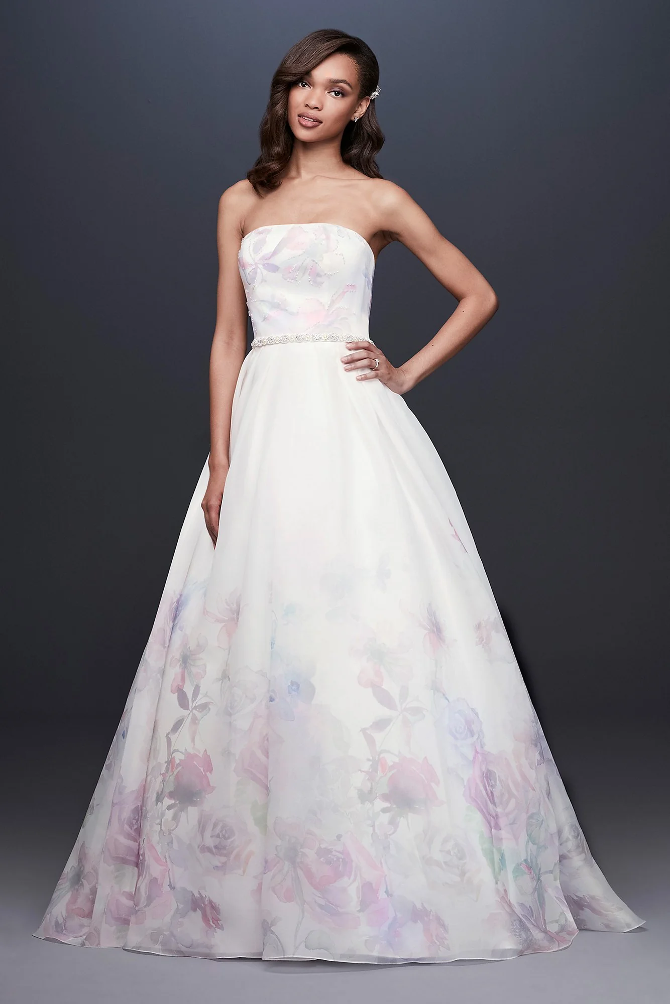 Floral Watercolor Organza Ball Gown Wedding Dress