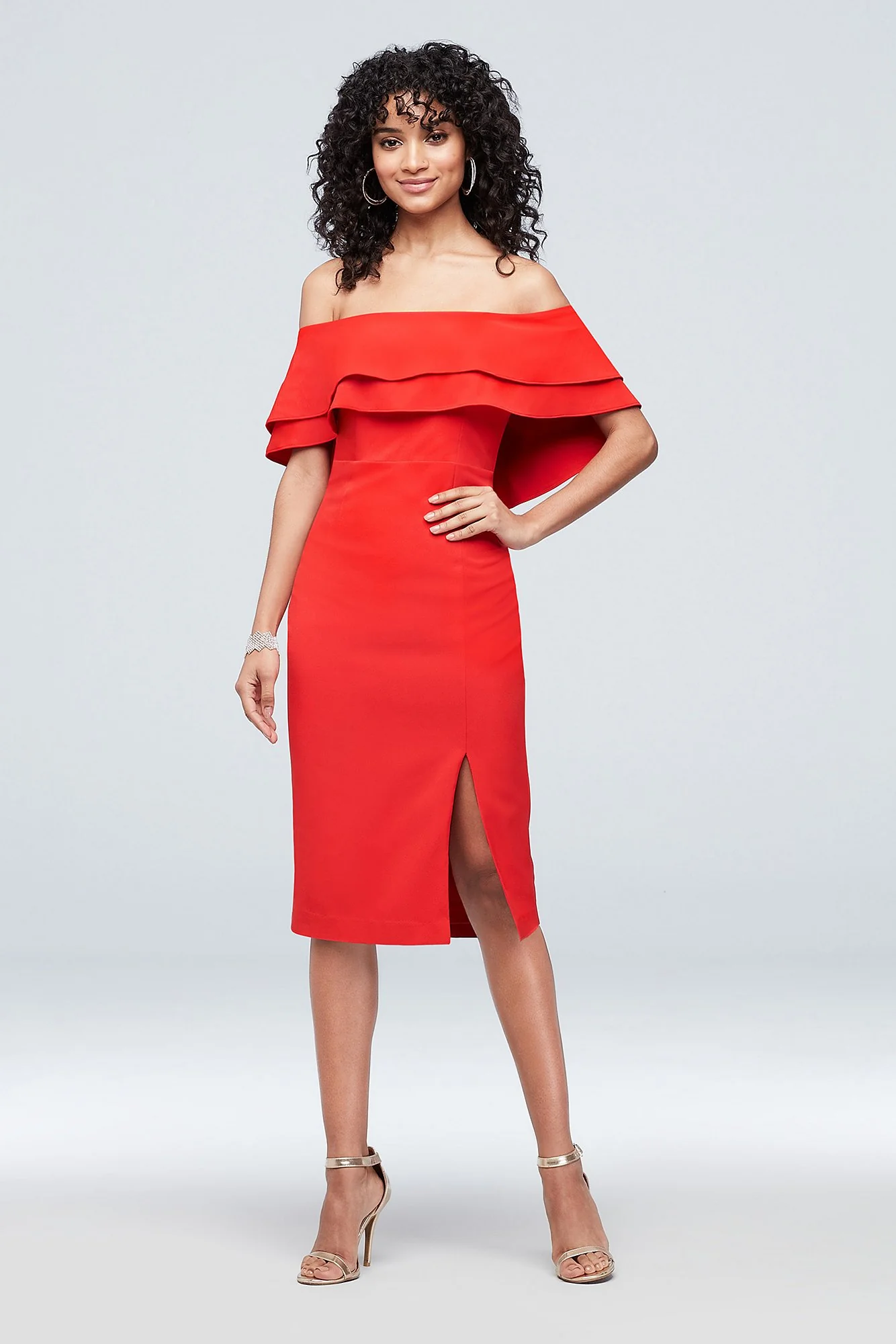 Flounced Crepe Off-the-Shoulder Sheath Dress