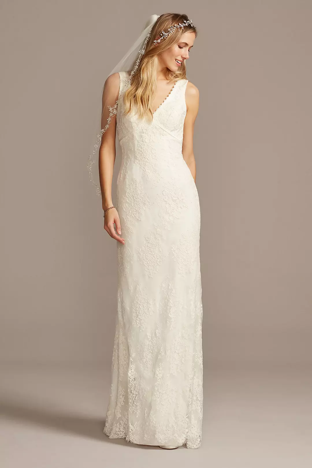 Flower Lace V-Neck Wedding Dress with Empire Waist - Image 14