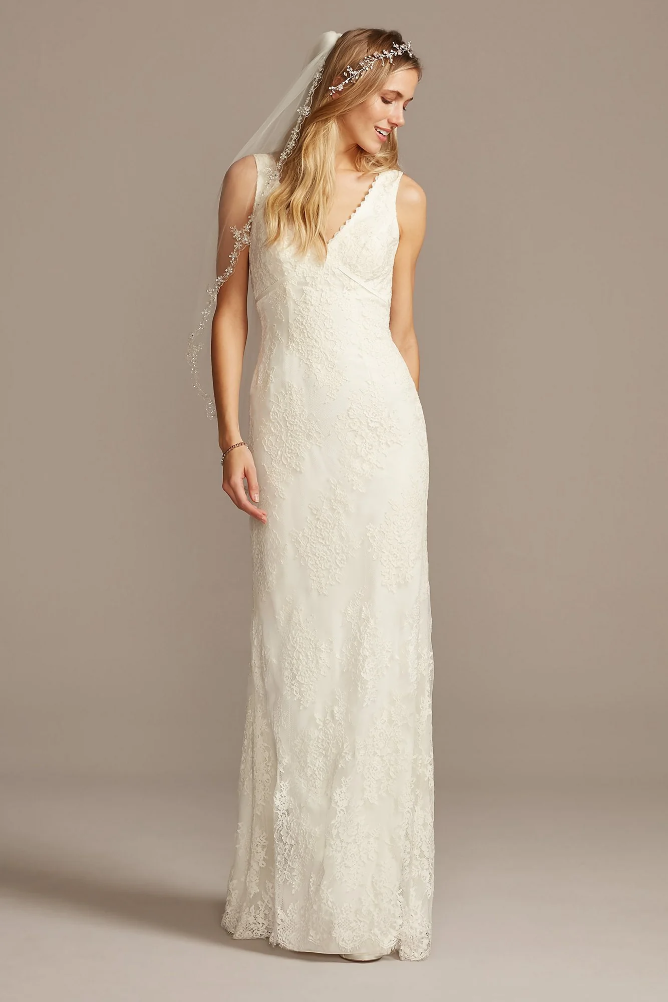 Flower Lace V-Neck Wedding Dress with Empire Waist - Image 6