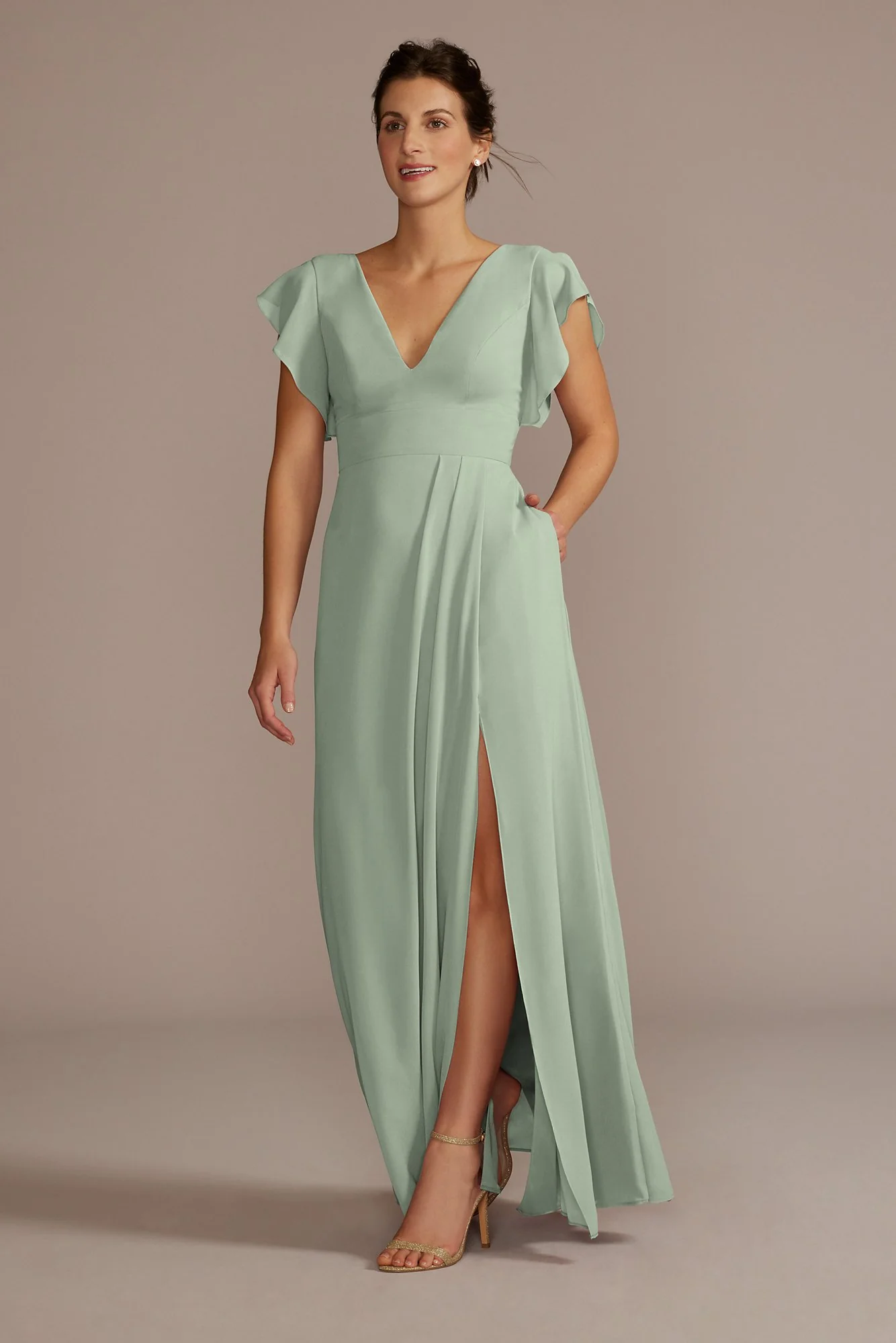 Flutter Sleeve Chiffon V-Neck Dress - Image 4