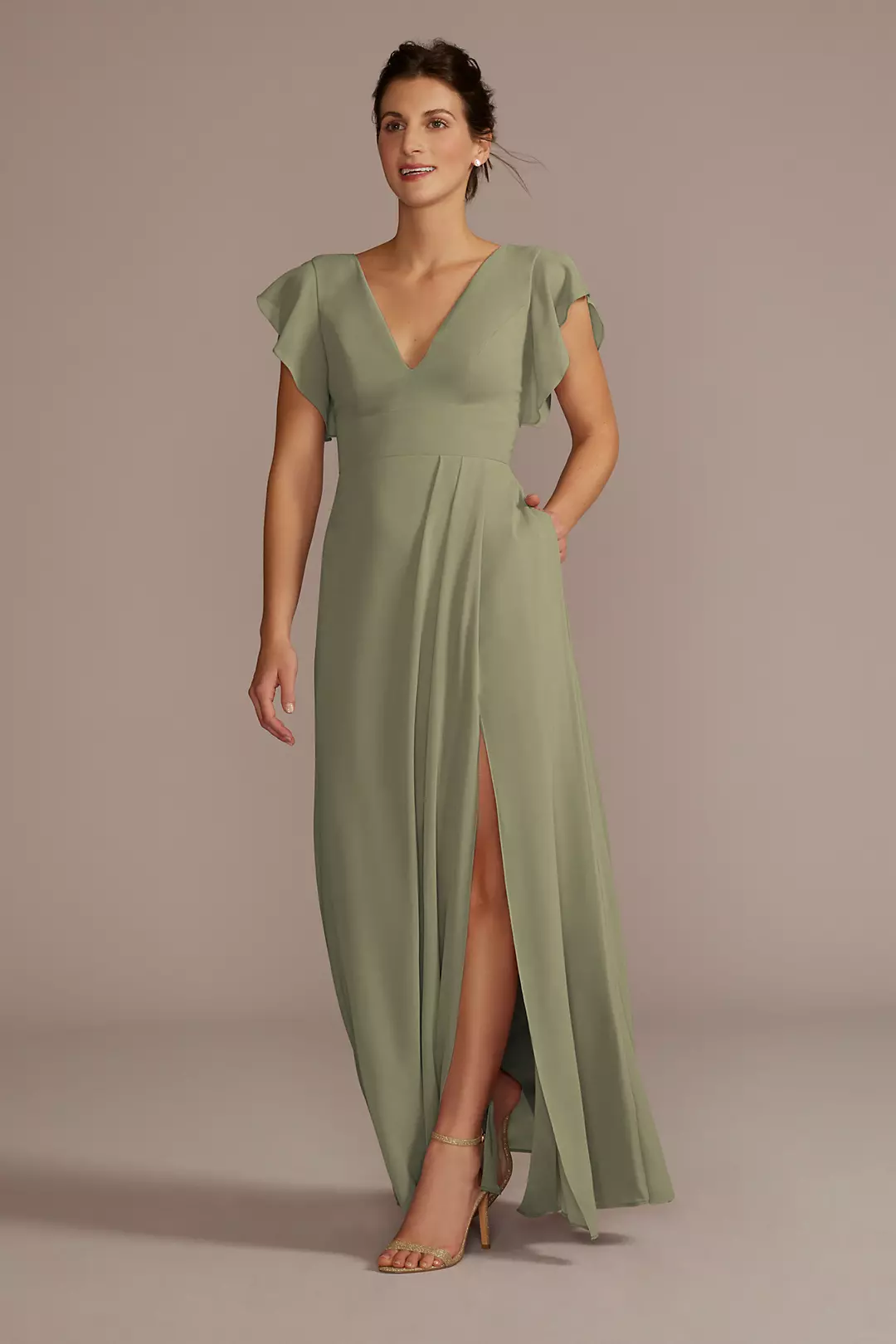 Flutter Sleeve Chiffon V-Neck Dress - Image 65