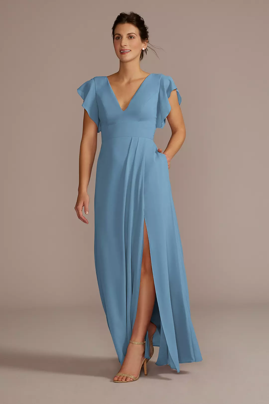 Flutter Sleeve Chiffon V-Neck Dress - Image 76