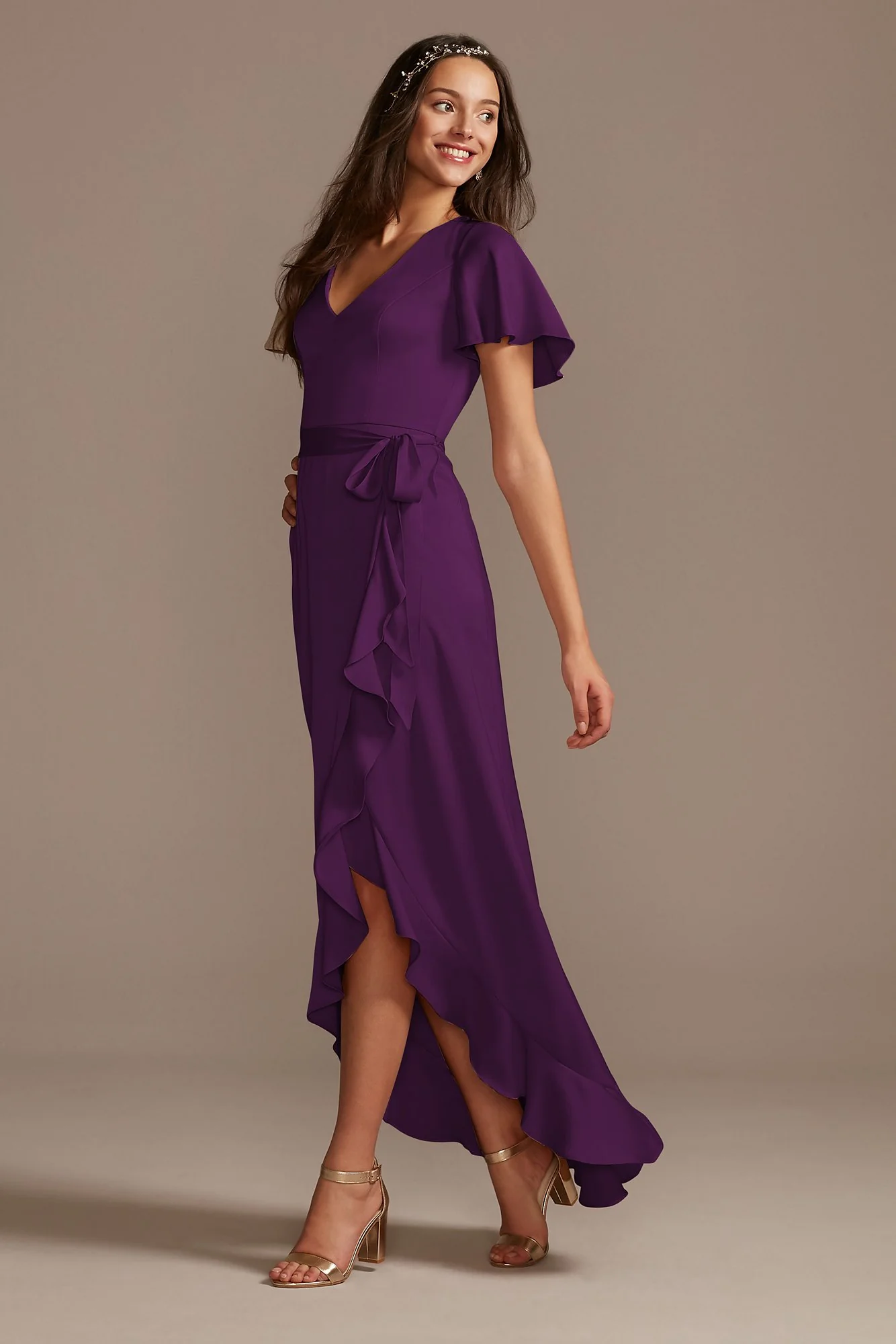 Flutter Sleeve Crepe Satin Ruffle Bridesmaid Dress - Image 100