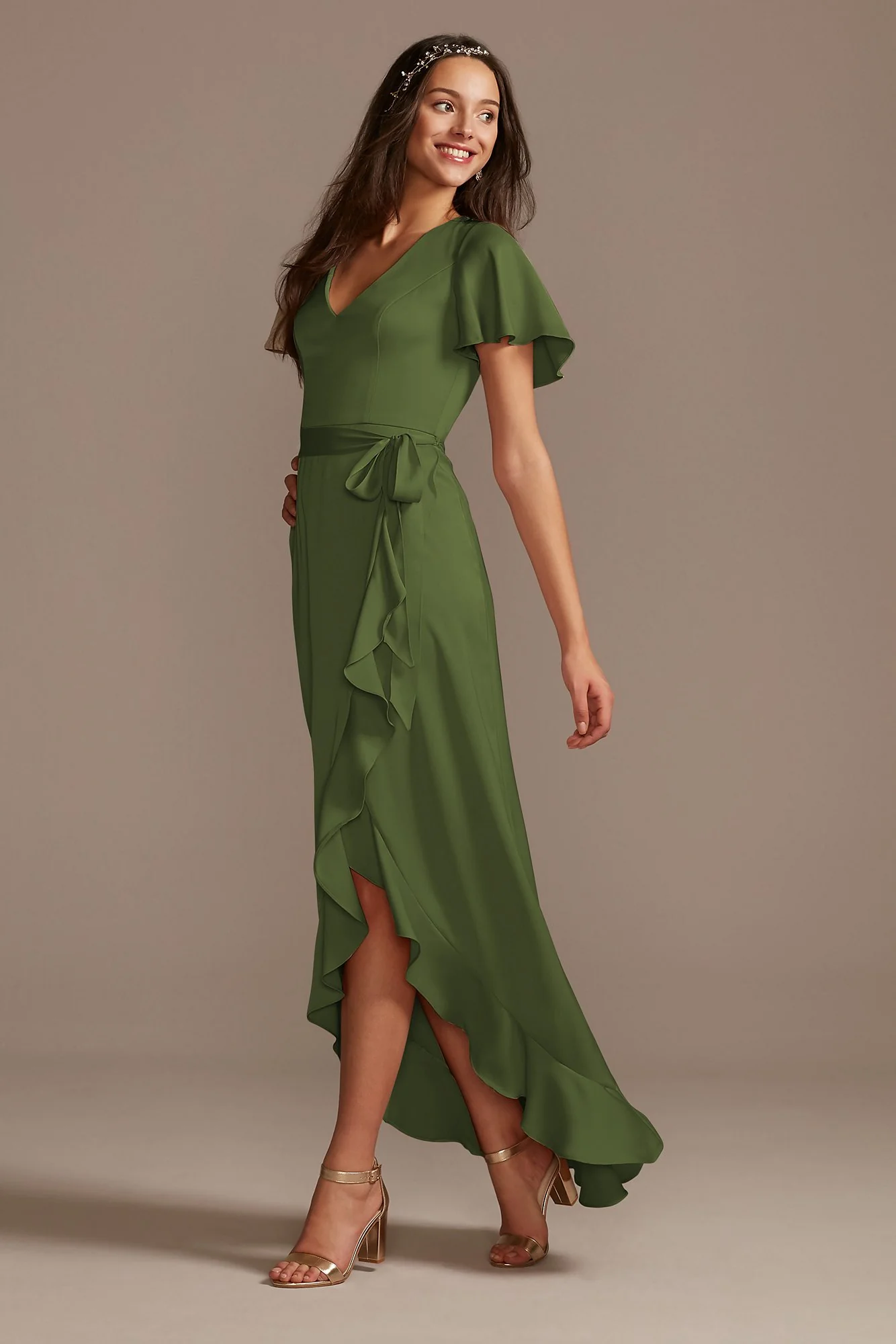 Flutter Sleeve Crepe Satin Ruffle Bridesmaid Dress - Image 103