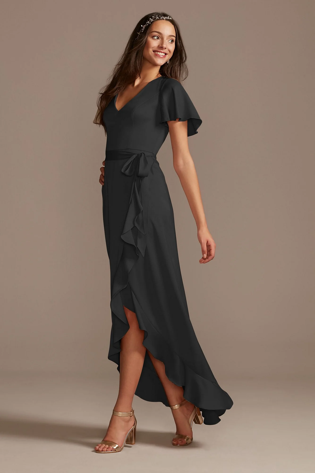 Flutter Sleeve Crepe Satin Ruffle Bridesmaid Dress - Image 12