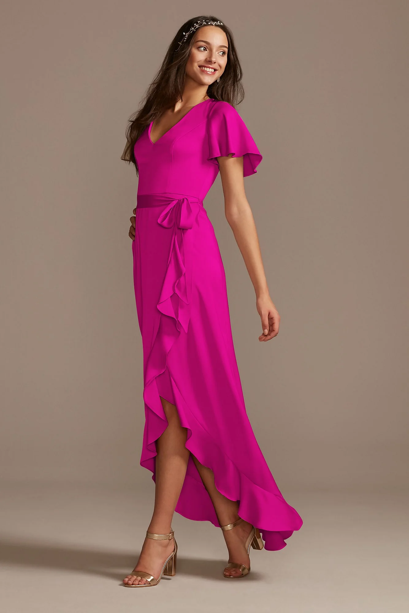 Flutter Sleeve Crepe Satin Ruffle Bridesmaid Dress - Image 13