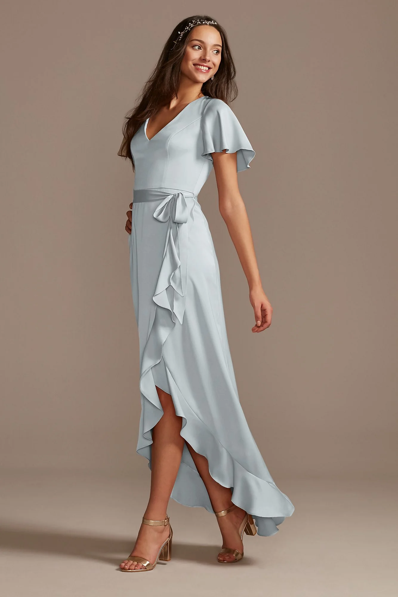 Flutter Sleeve Crepe Satin Ruffle Bridesmaid Dress - Image 22