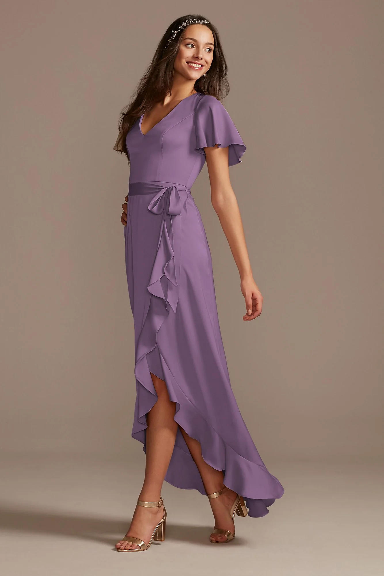 Flutter Sleeve Crepe Satin Ruffle Bridesmaid Dress - Image 26