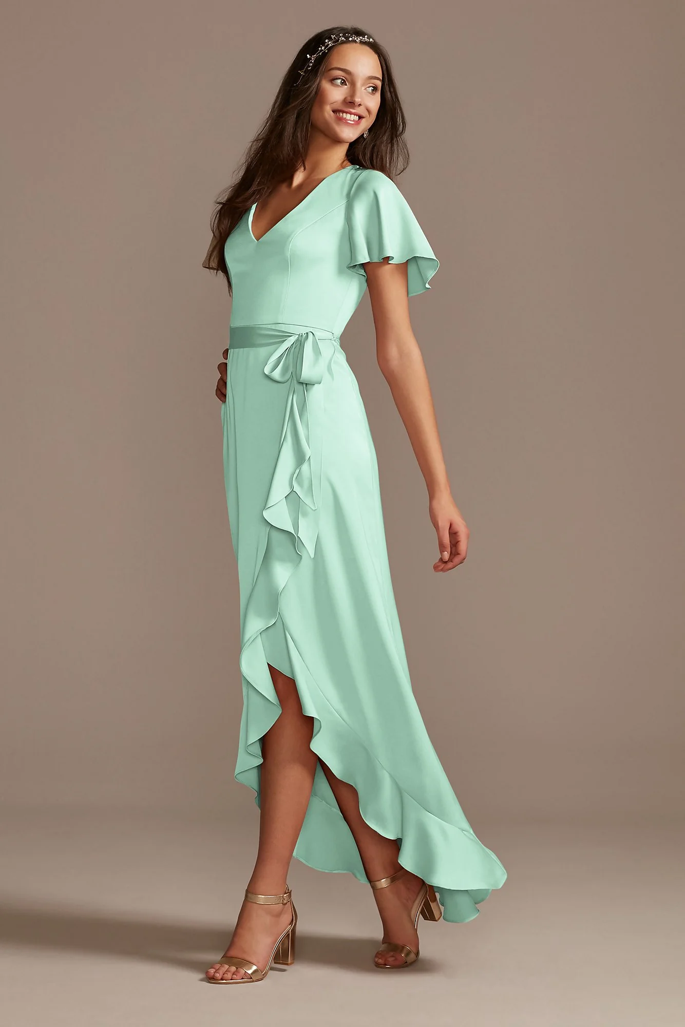 Flutter Sleeve Crepe Satin Ruffle Bridesmaid Dress - Image 27