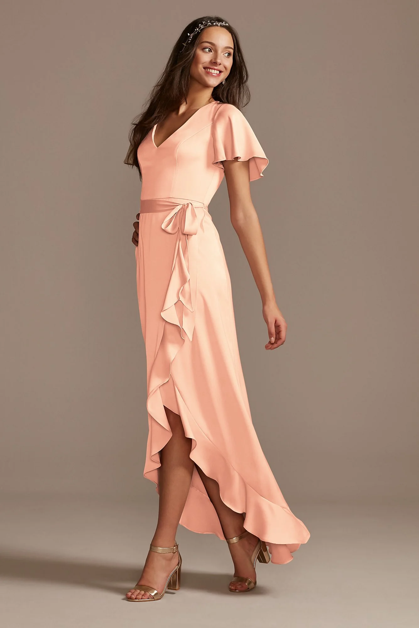 Flutter Sleeve Crepe Satin Ruffle Bridesmaid Dress - Image 3