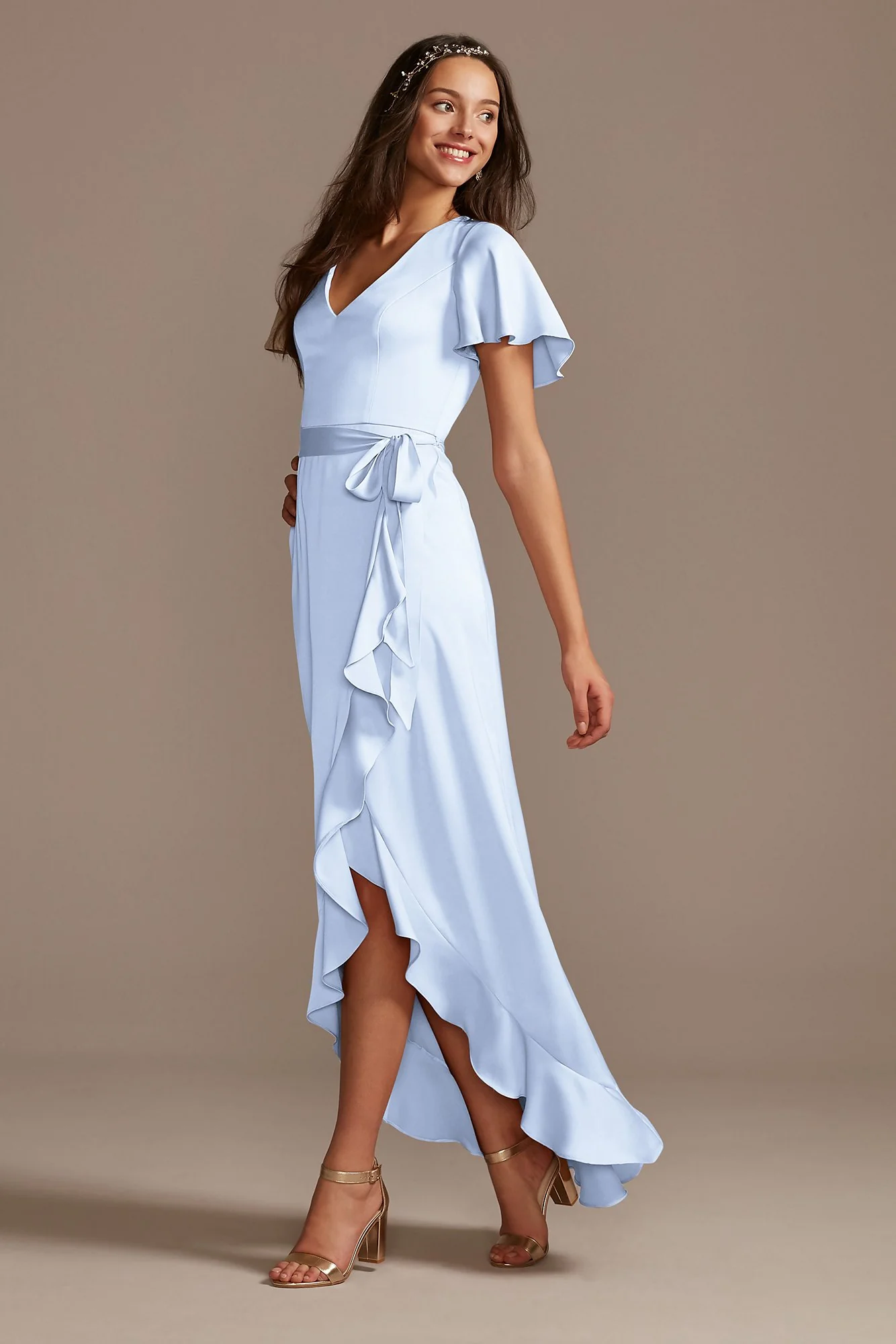 Flutter Sleeve Crepe Satin Ruffle Bridesmaid Dress - Image 38