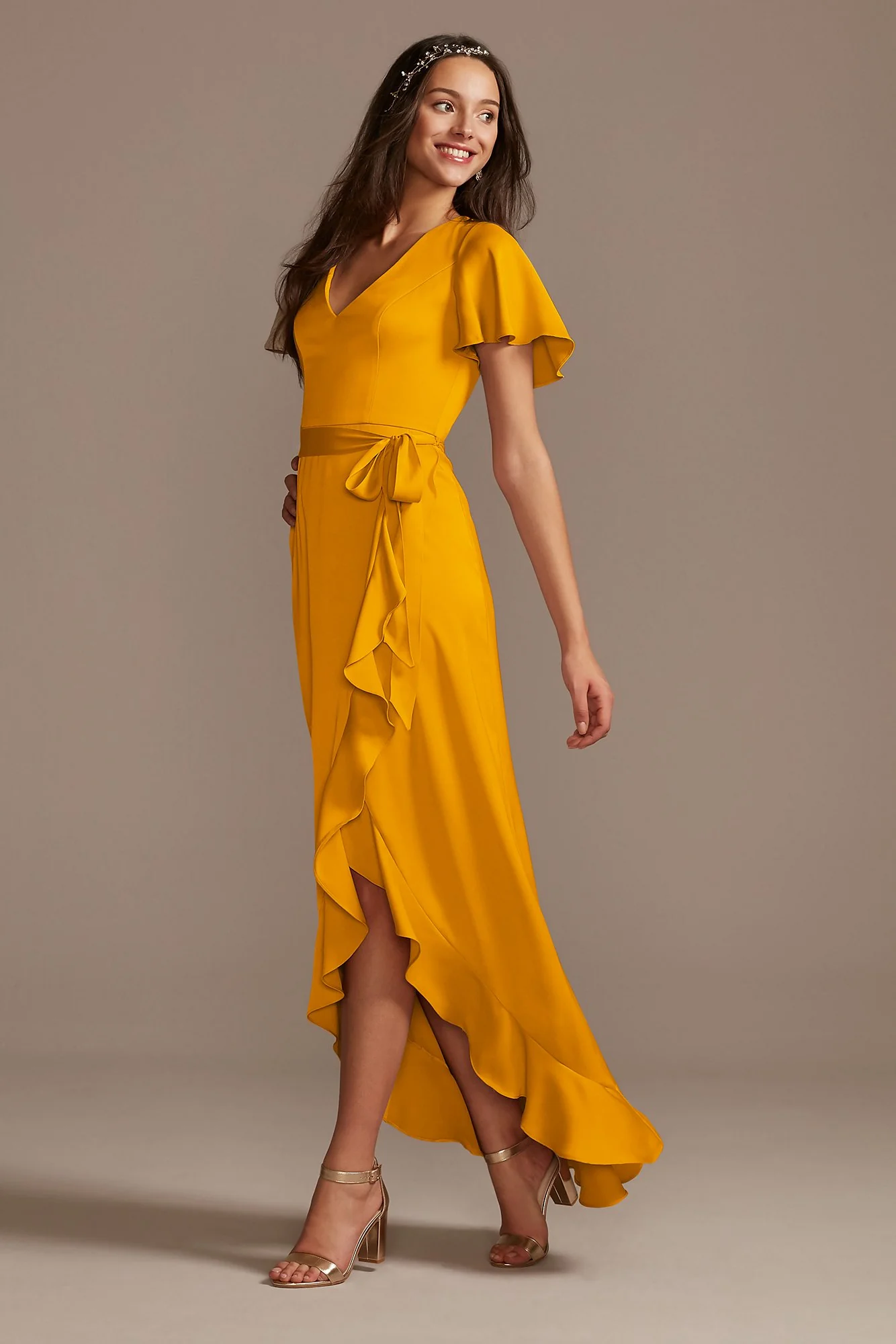 Flutter Sleeve Crepe Satin Ruffle Bridesmaid Dress - Image 46