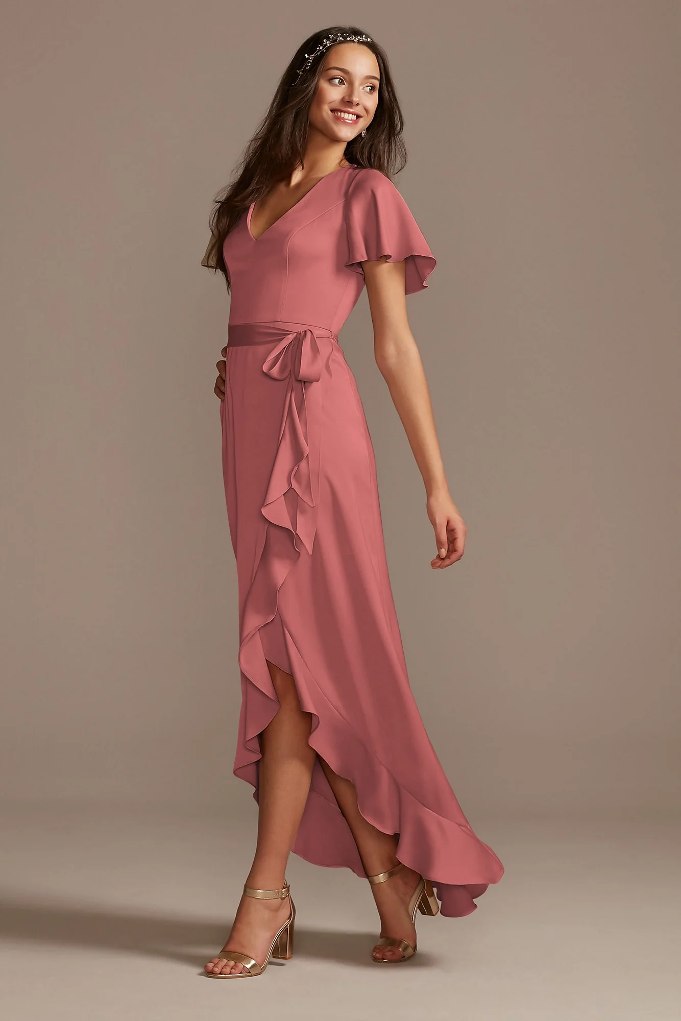 Flutter Sleeve Crepe Satin Ruffle Bridesmaid Dress - Image 47