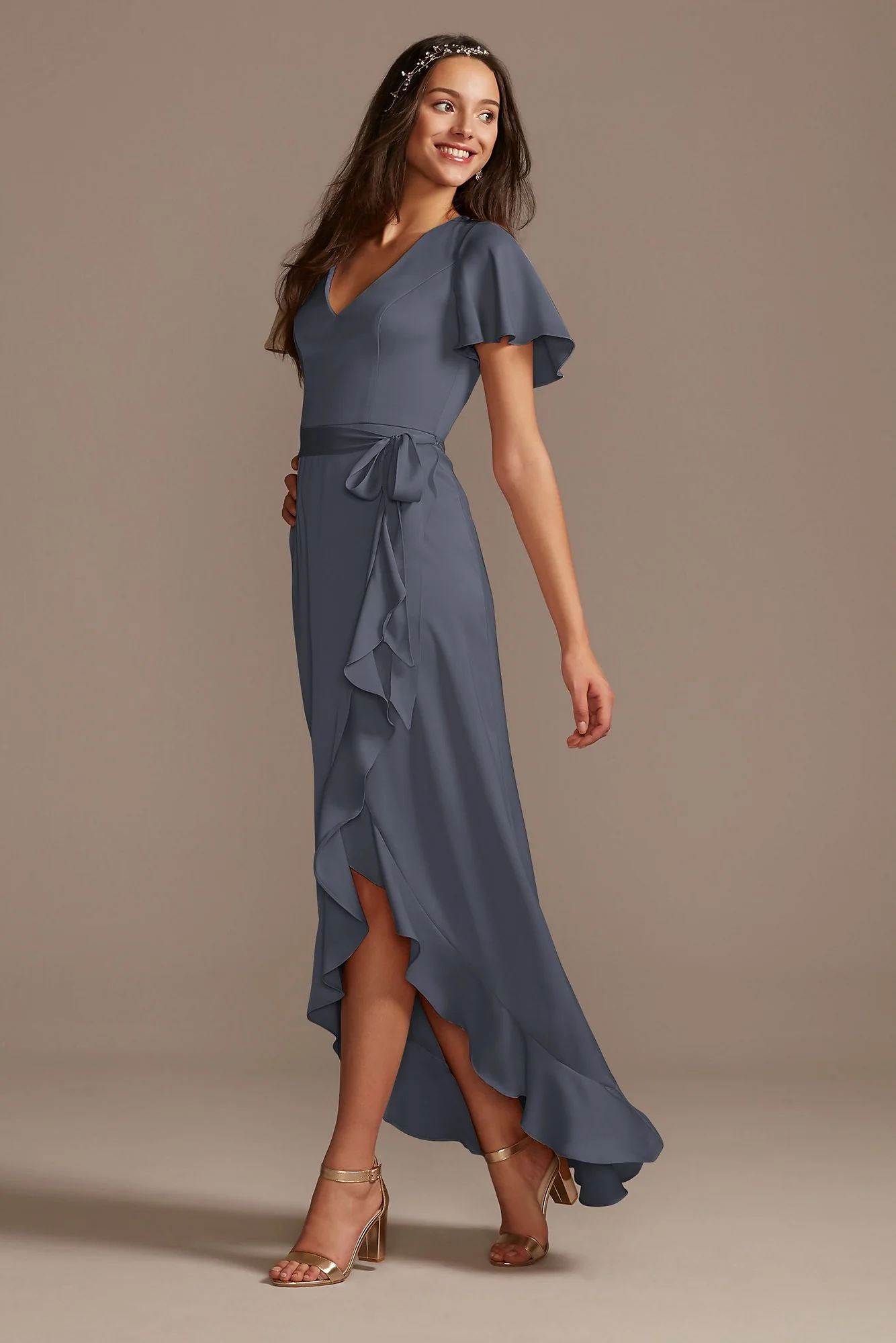 Flutter Sleeve Crepe Satin Ruffle Bridesmaid Dress - Image 5