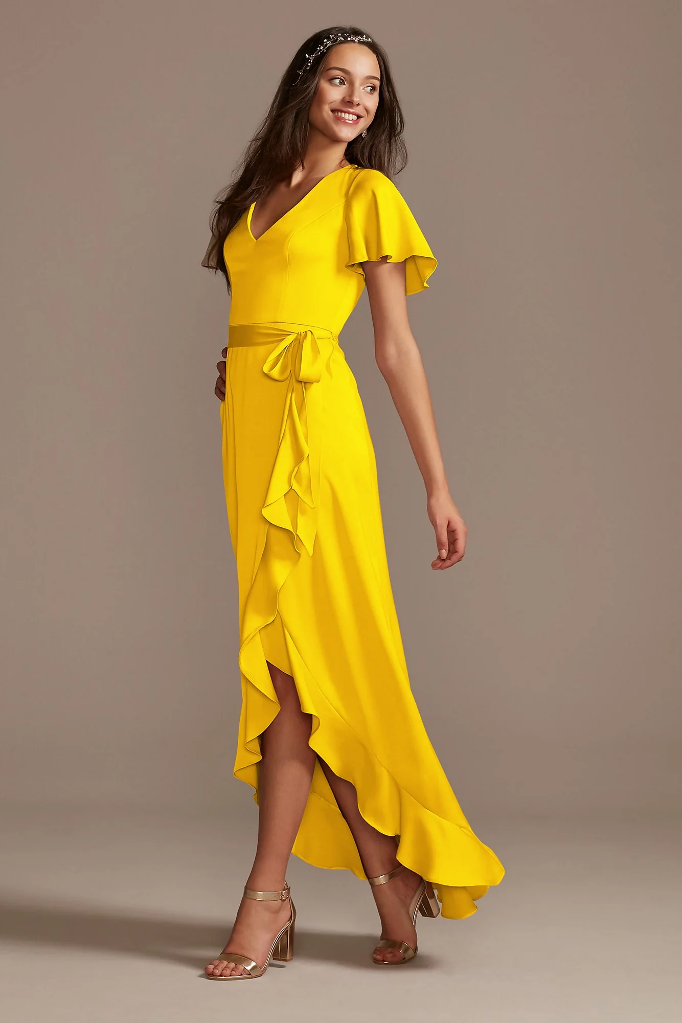 Flutter Sleeve Crepe Satin Ruffle Bridesmaid Dress - Image 56