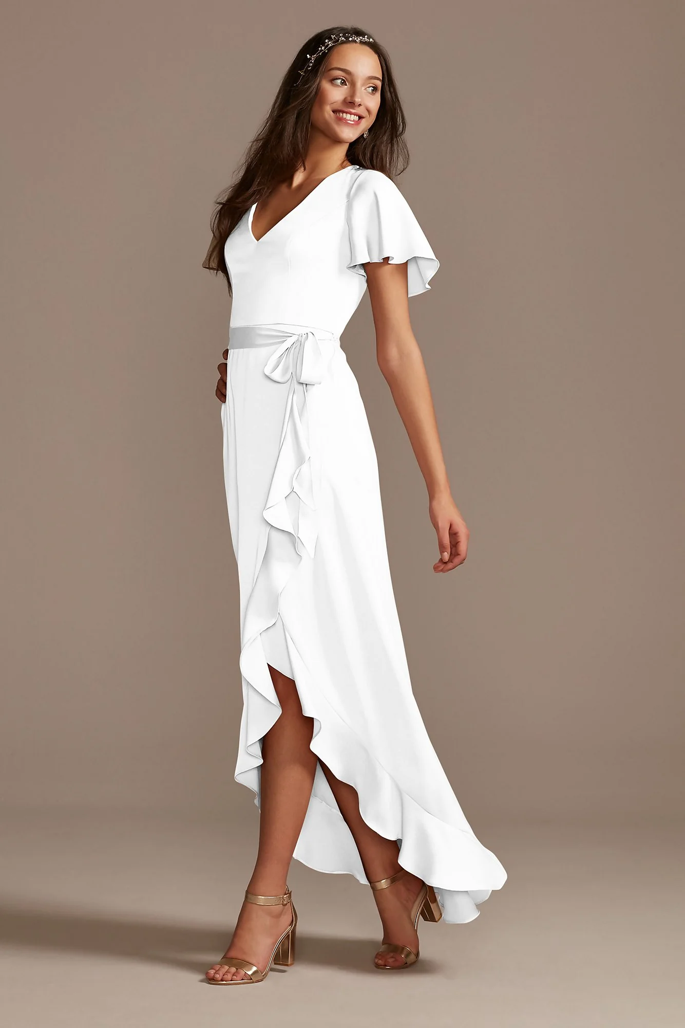 Flutter Sleeve Crepe Satin Ruffle Bridesmaid Dress - Image 57