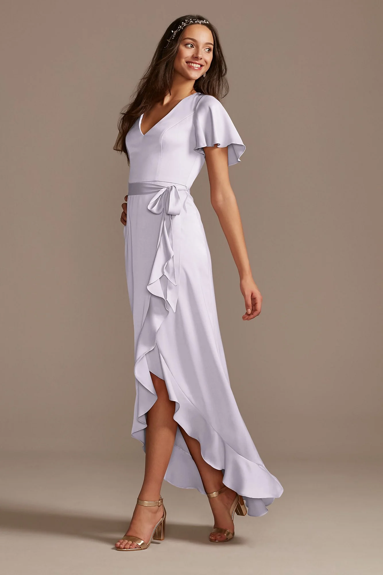 Flutter Sleeve Crepe Satin Ruffle Bridesmaid Dress - Image 58
