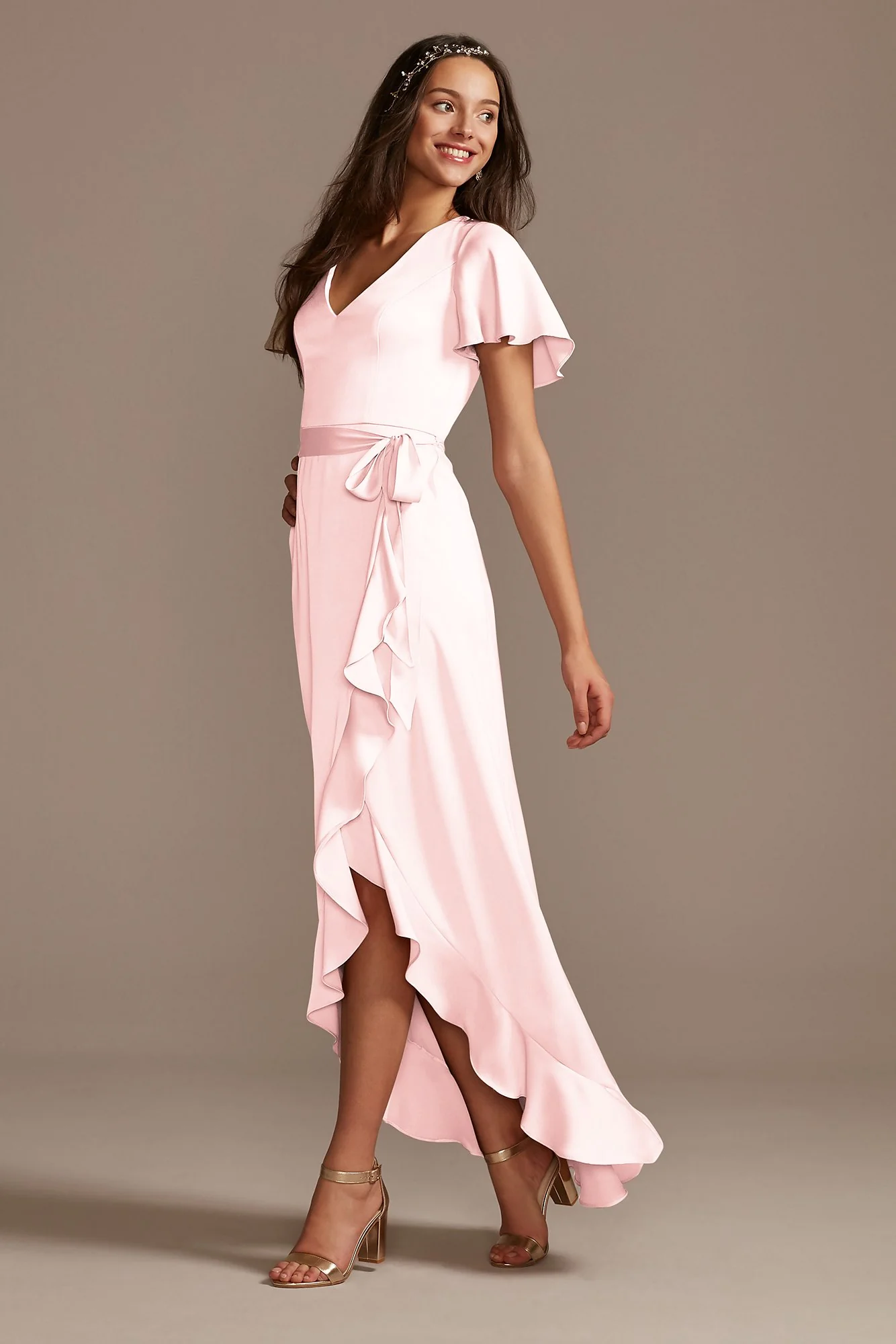 Flutter Sleeve Crepe Satin Ruffle Bridesmaid Dress - Image 63