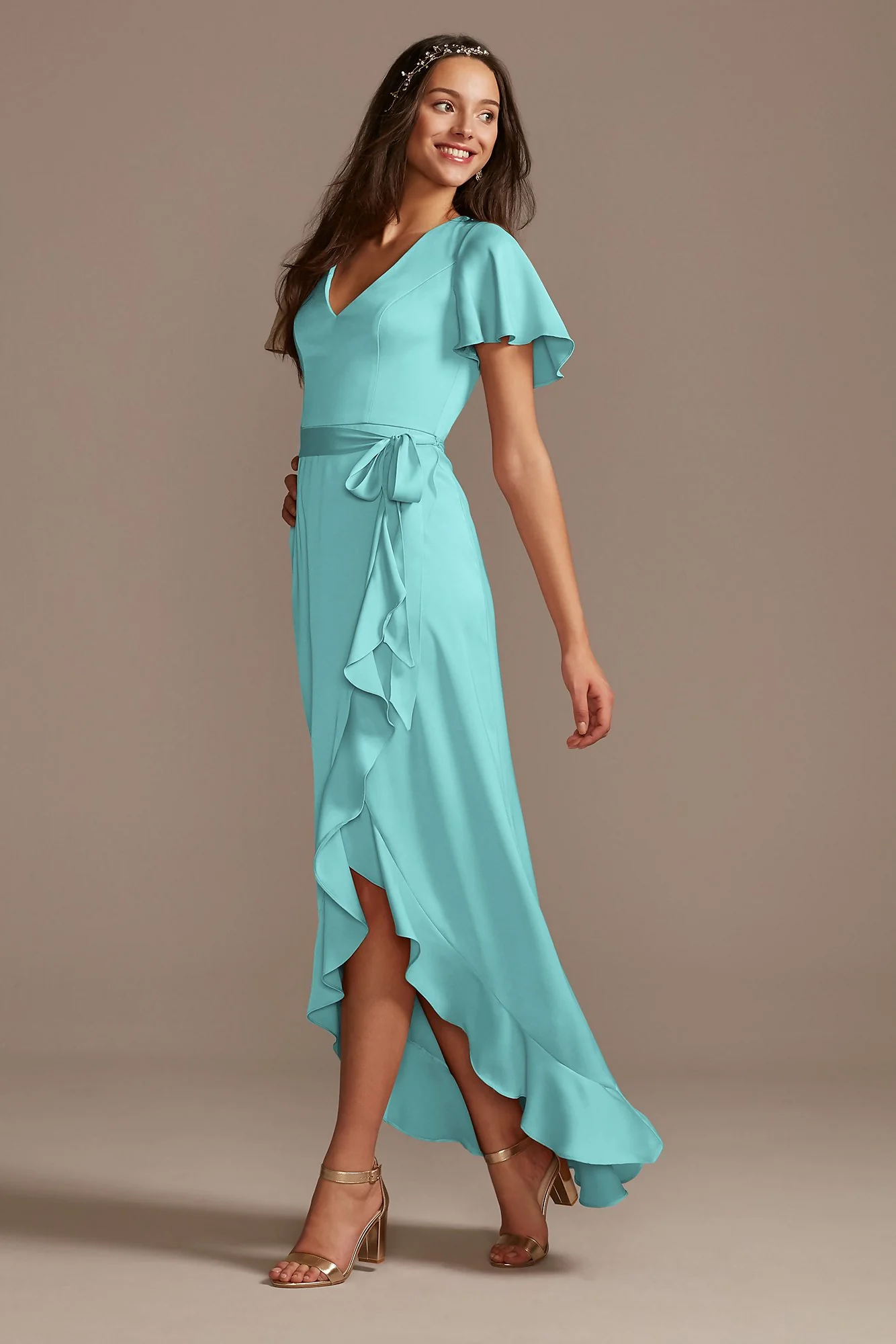 Flutter Sleeve Crepe Satin Ruffle Bridesmaid Dress - Image 66