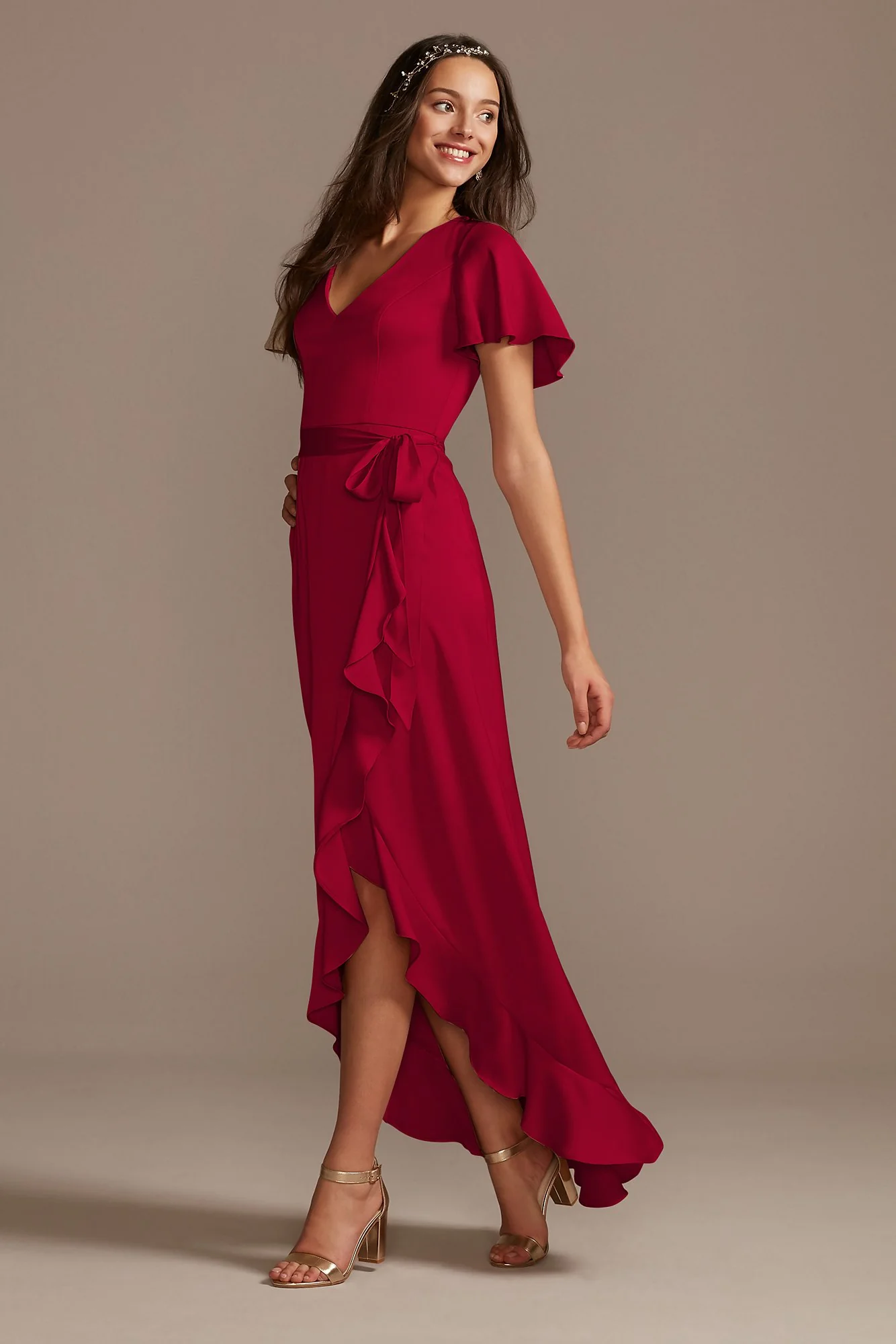 Flutter Sleeve Crepe Satin Ruffle Bridesmaid Dress - Image 69