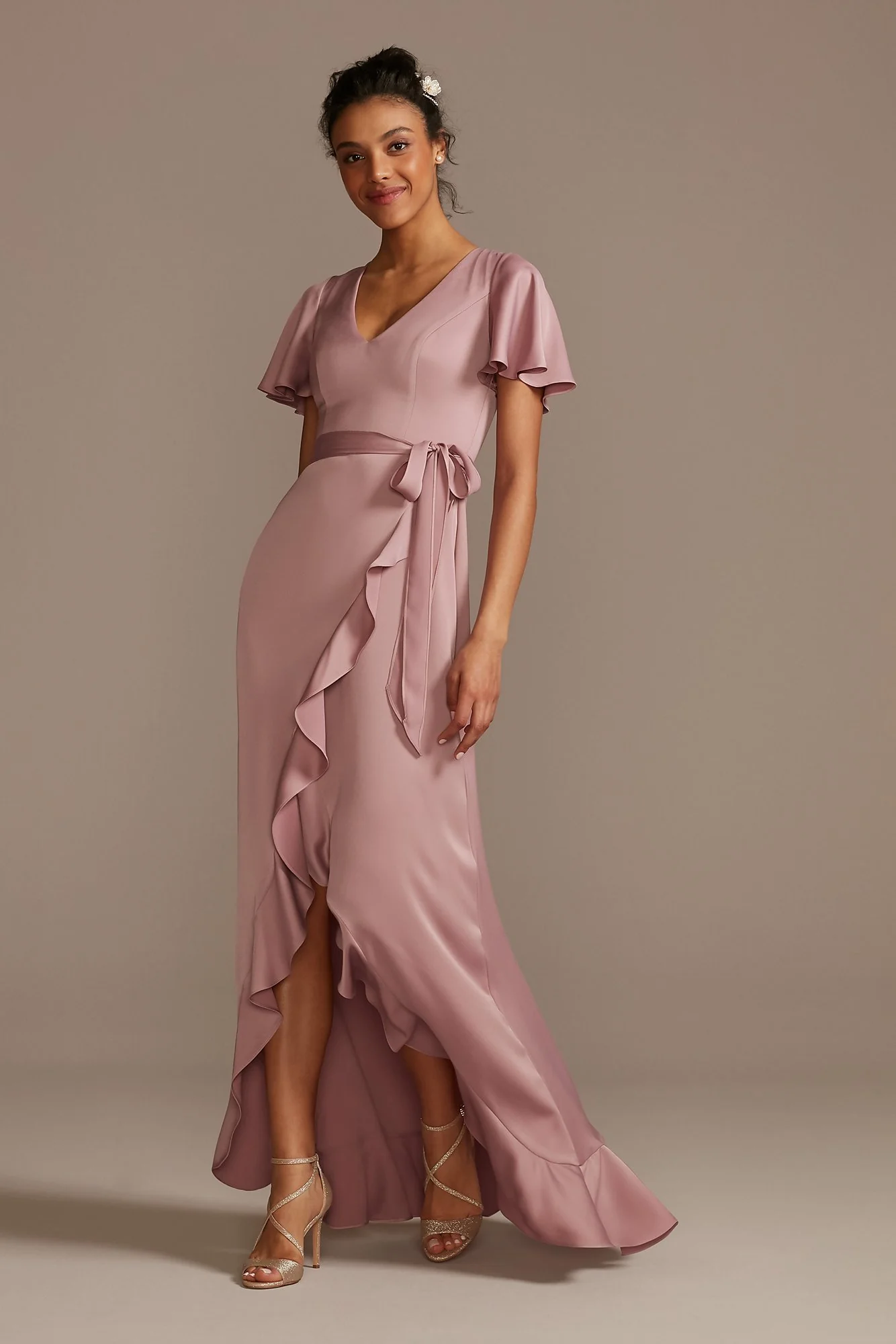 Flutter Sleeve Crepe Satin Ruffle Bridesmaid Dress - Image 74