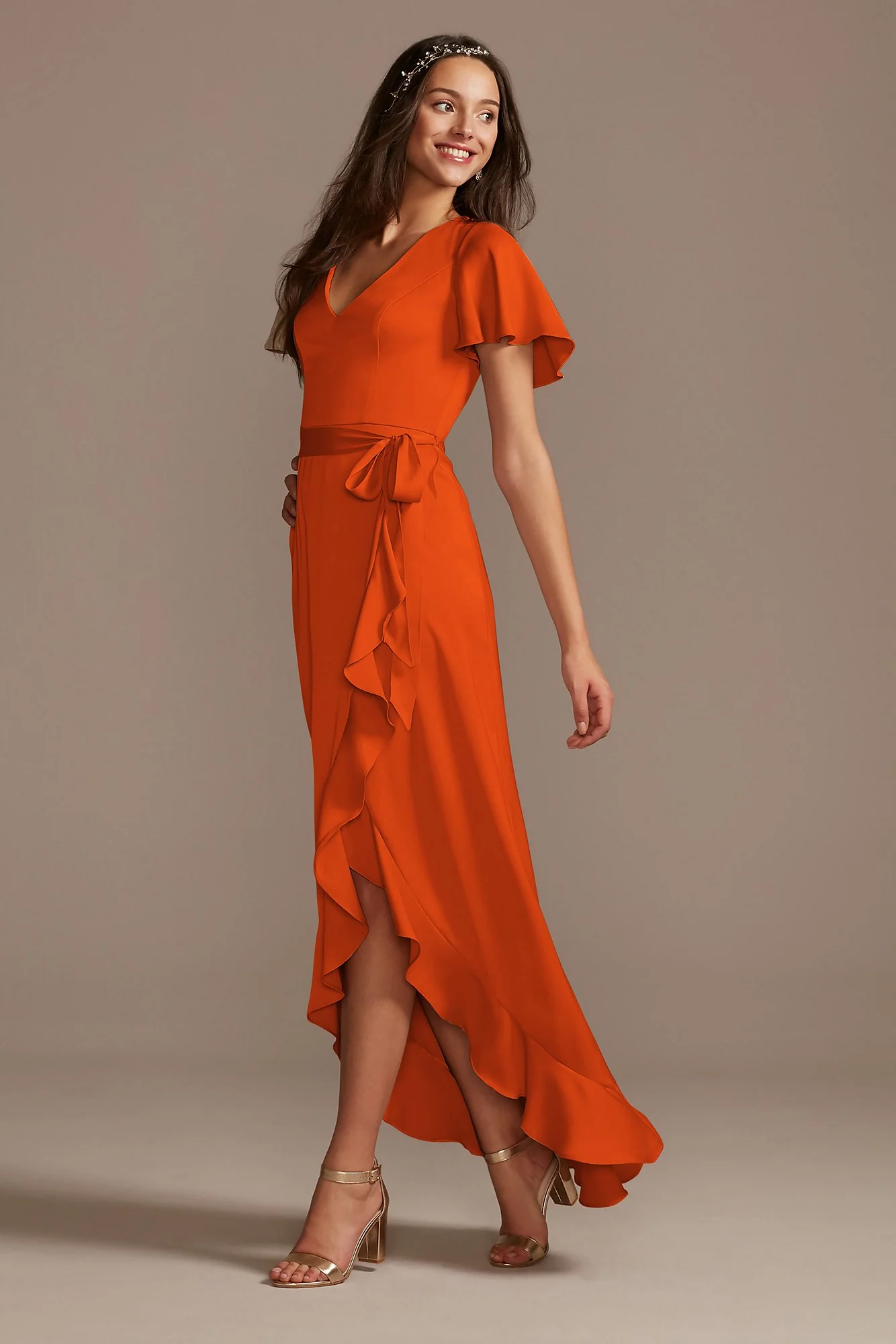 Flutter Sleeve Crepe Satin Ruffle Bridesmaid Dress - Image 80