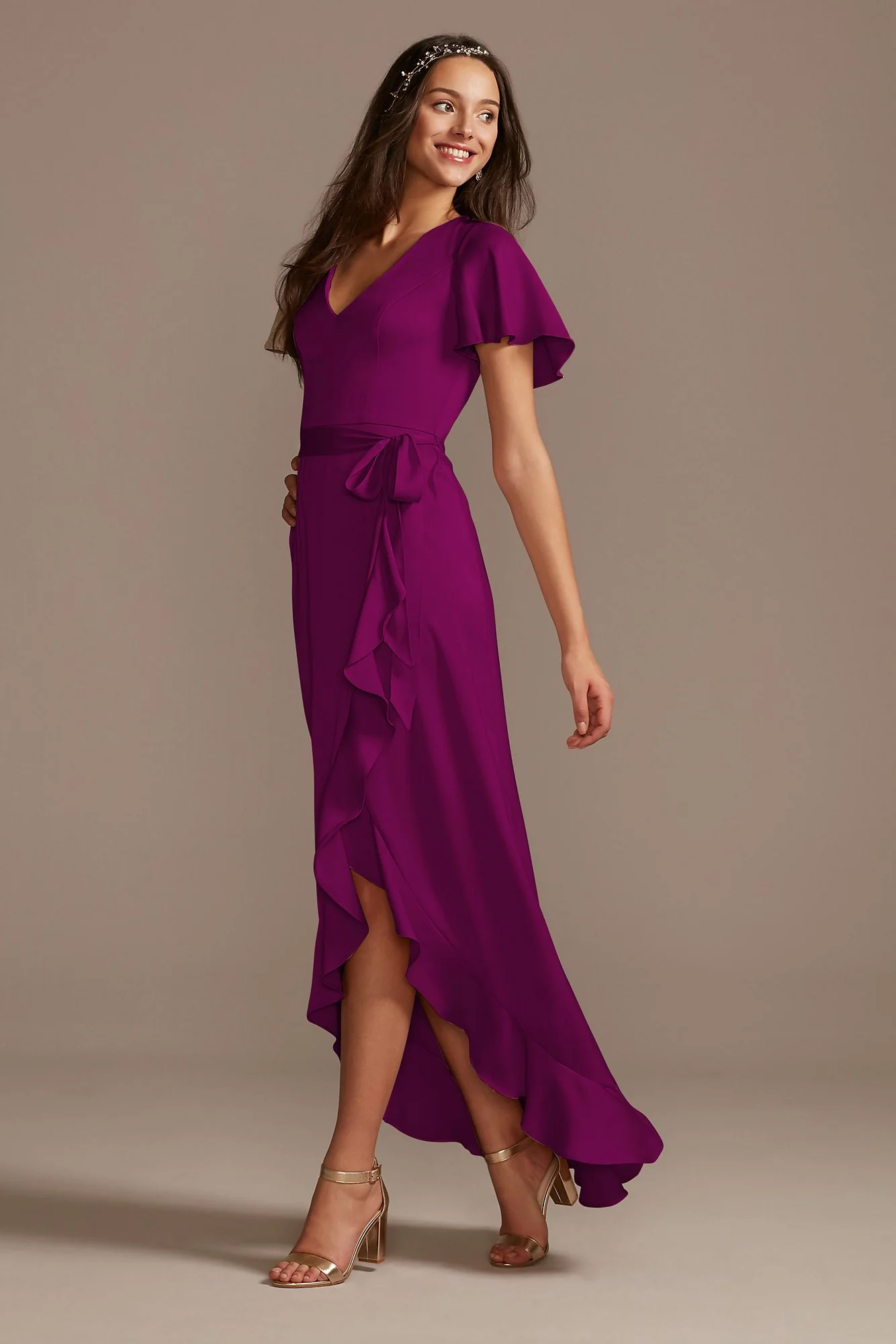 Flutter Sleeve Crepe Satin Ruffle Bridesmaid Dress - Image 86