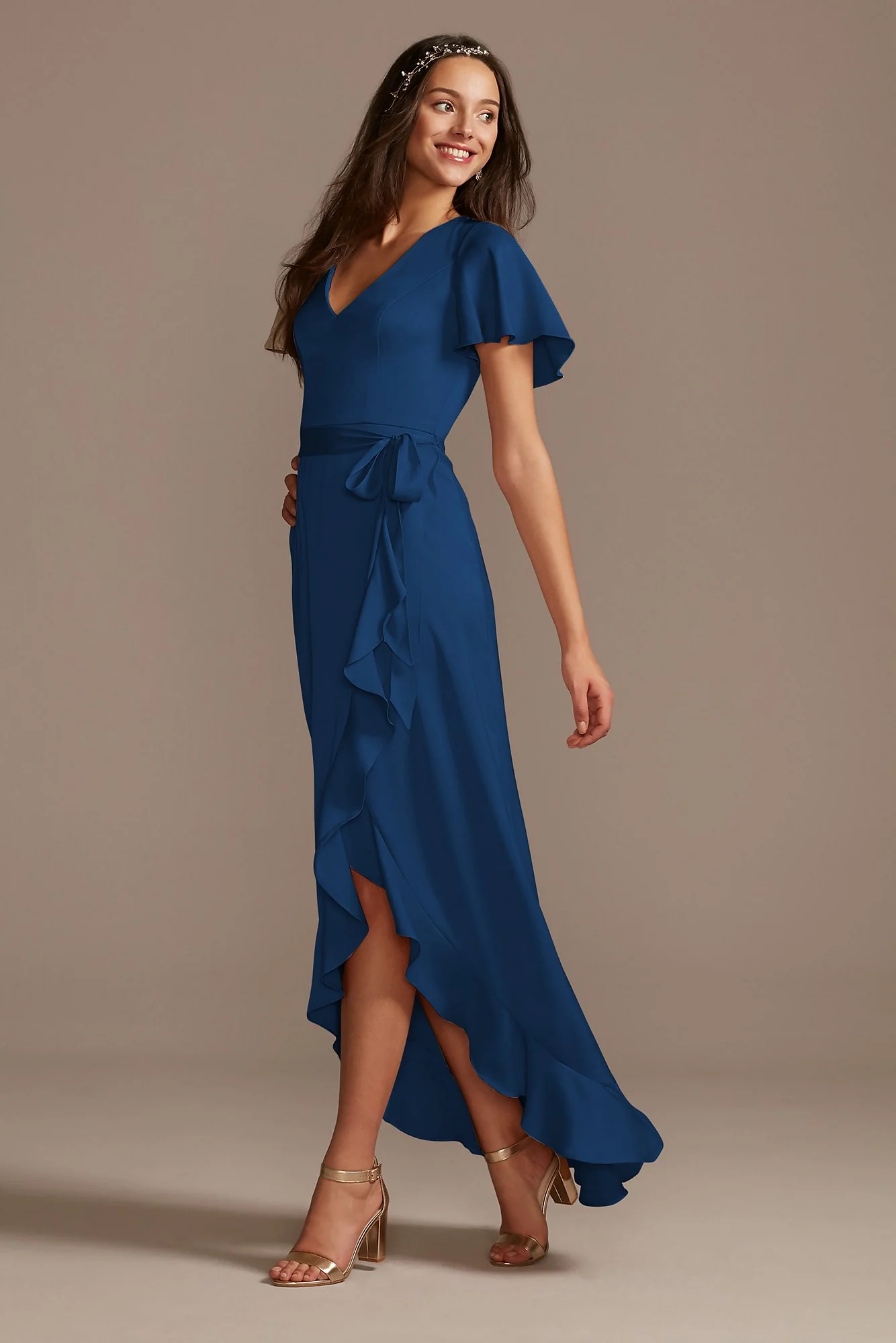 Flutter Sleeve Crepe Satin Ruffle Bridesmaid Dress - Image 88