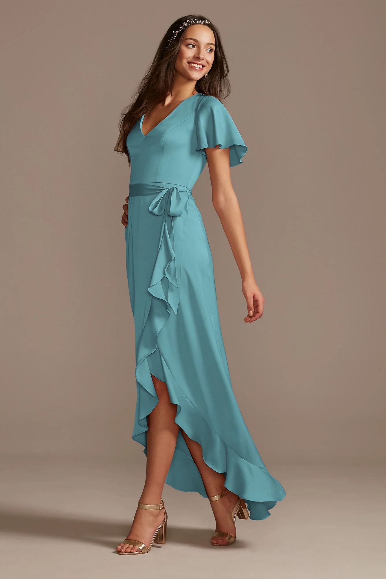 Flutter Sleeve Crepe Satin Ruffle Bridesmaid Dress - Image 93