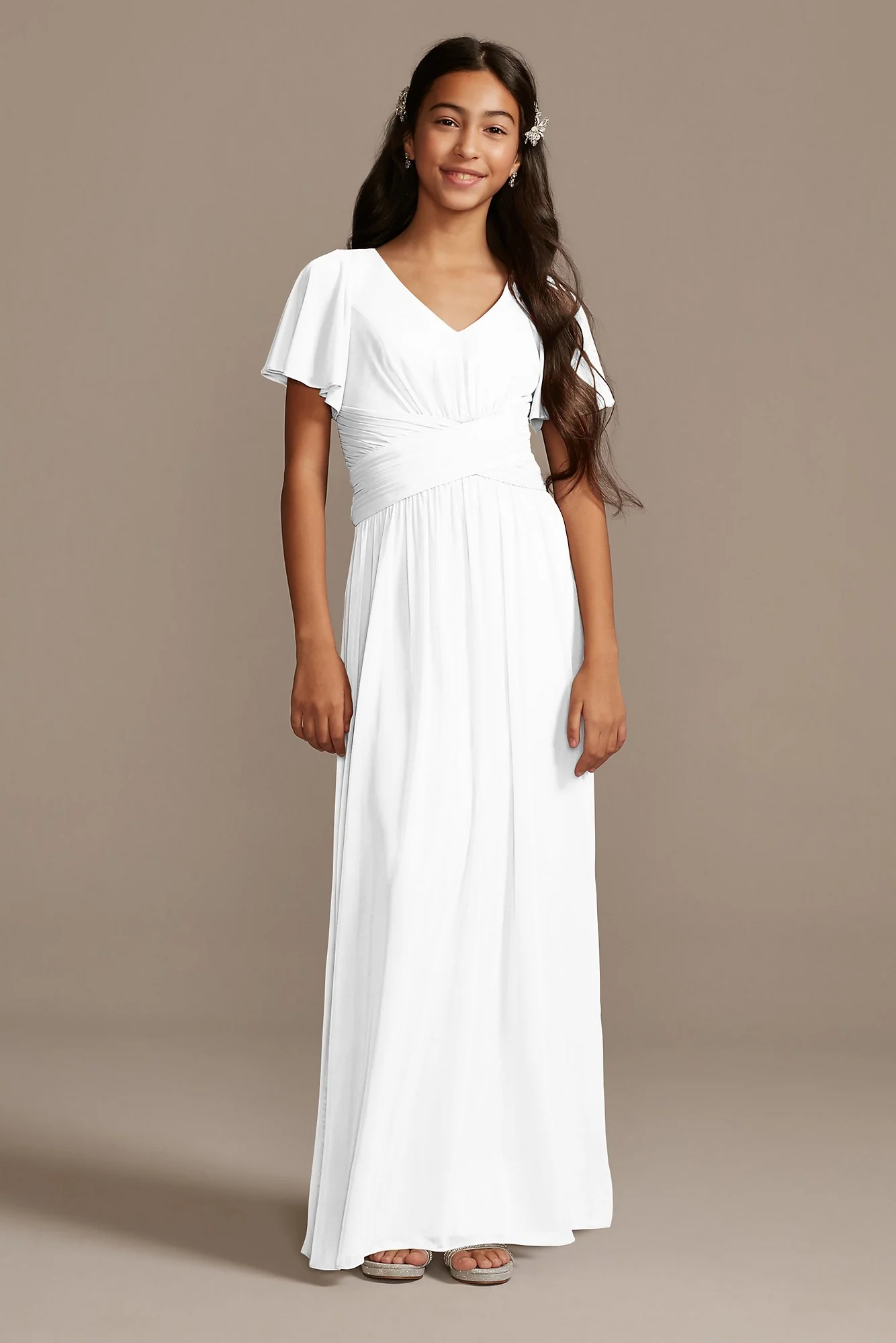 Flutter Sleeve Pleated Junior Bridesmaid Dress - Image 26