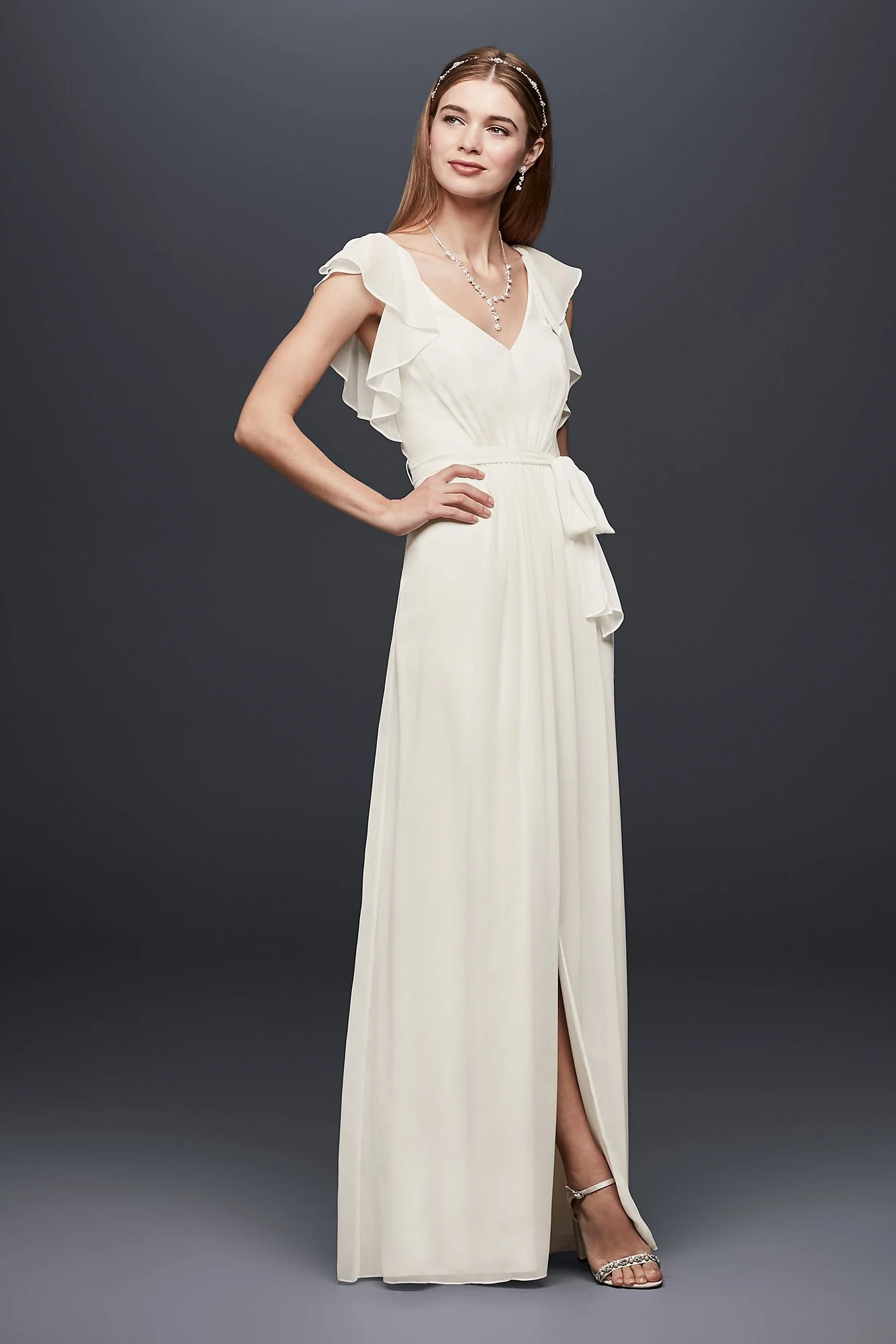 Flutter Sleeve Pleated Chiffon Sheath Gown