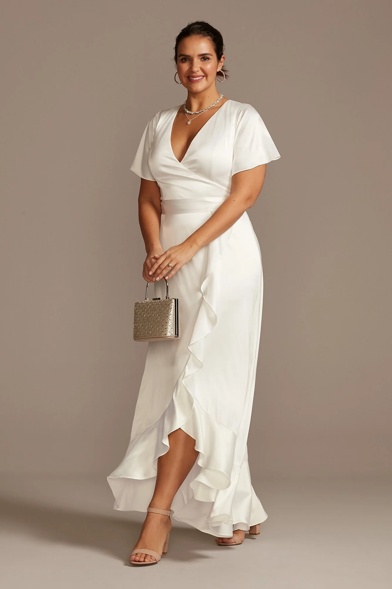 Flutter Sleeve Stretch Satin Dress with Ruffle Hem