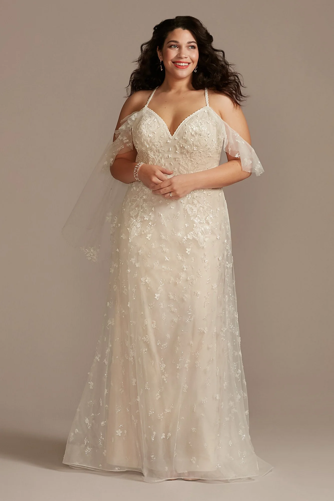 Flutter Sleeve 3D Floral Wedding Dress - Image 2