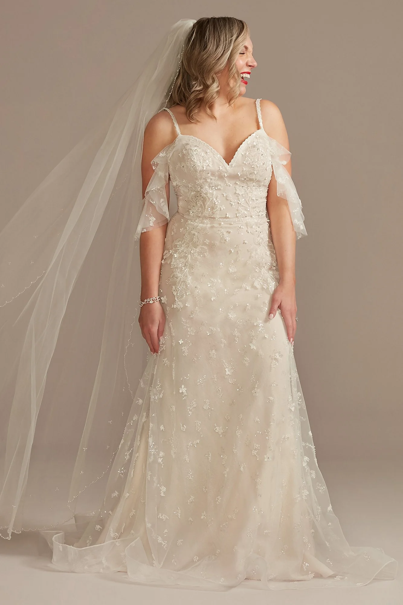 Flutter Sleeve 3D Floral Wedding Dress - Image 3