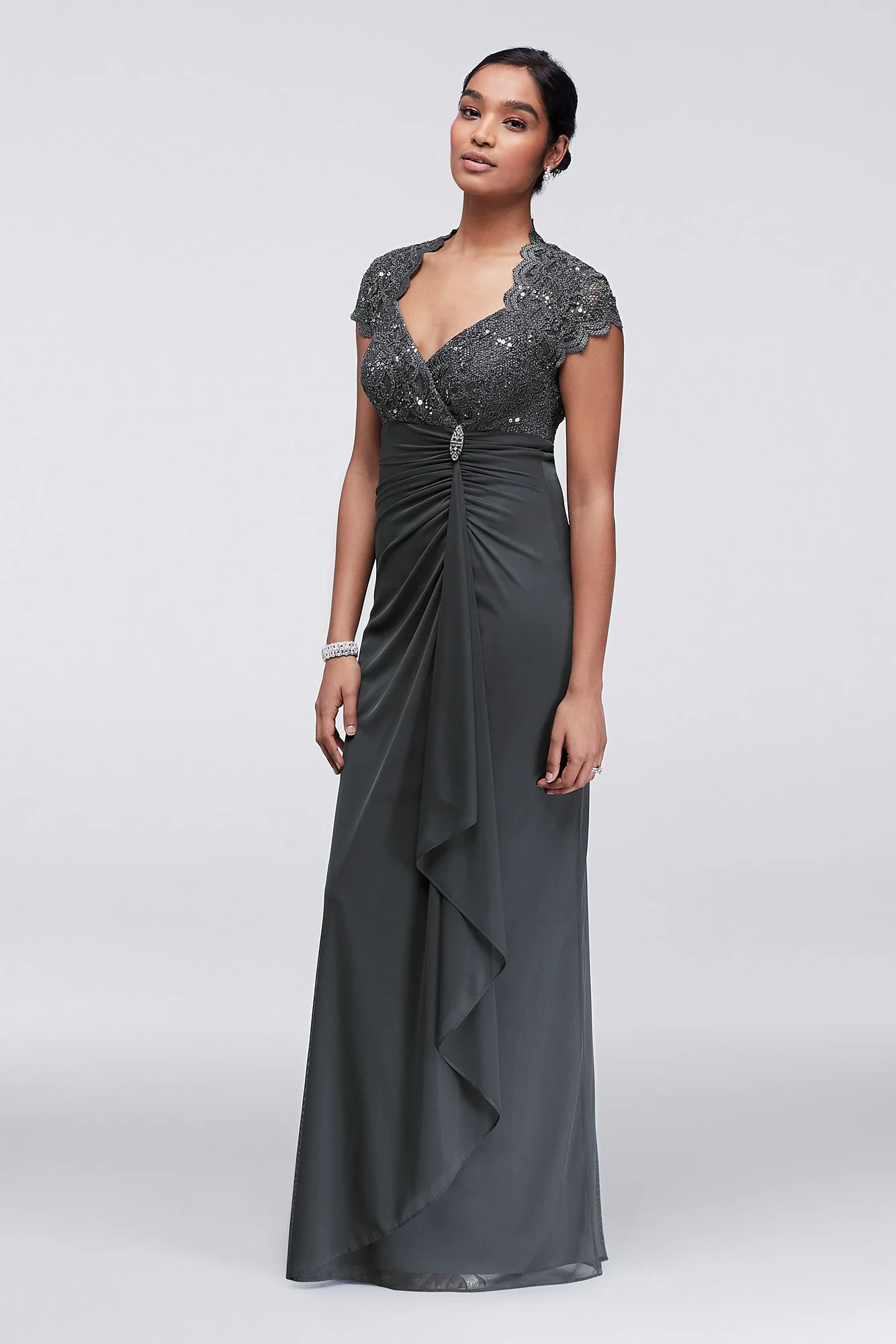 Gathered Jersey Dress with Scalloped Lace Bodice