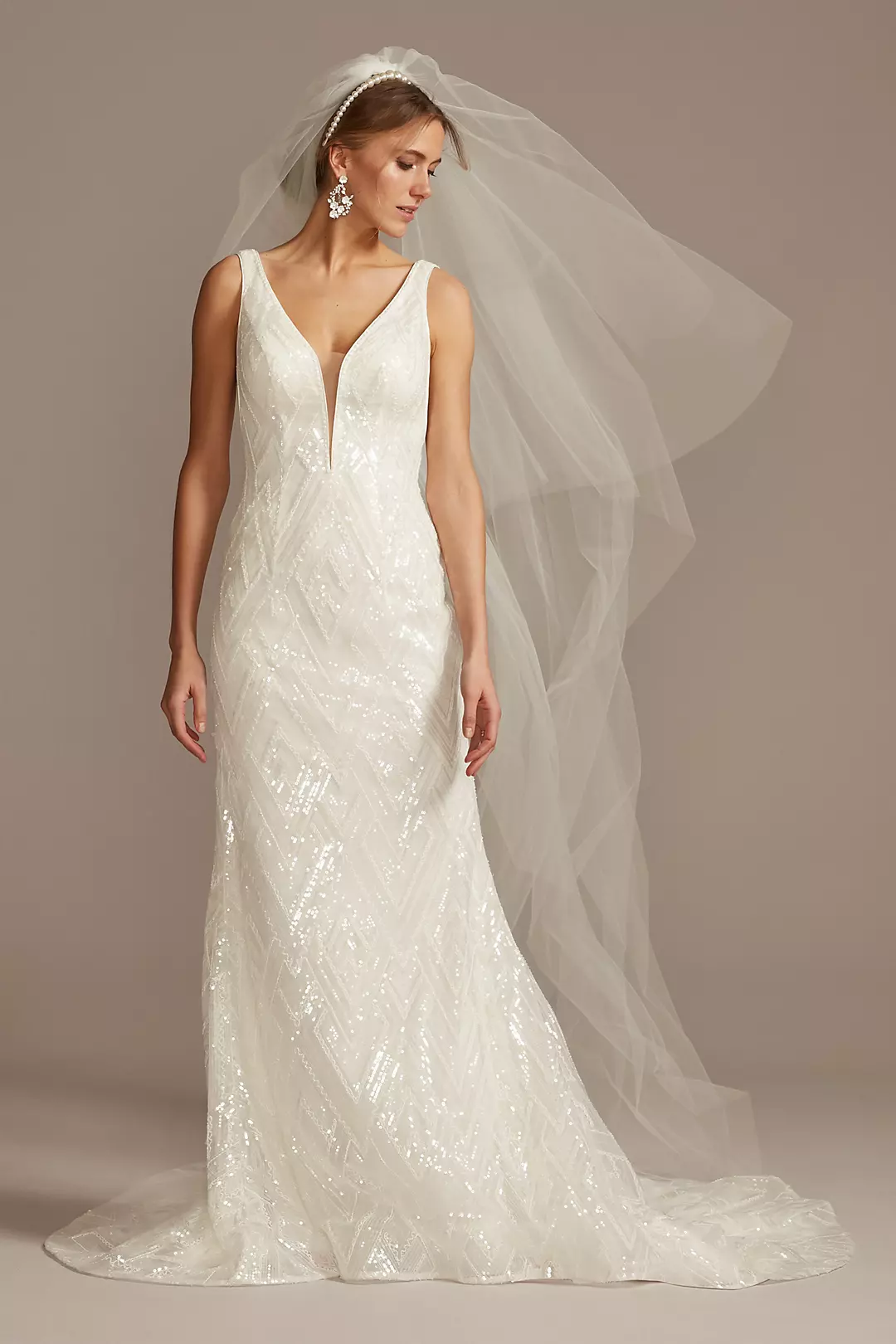 Geometric Beaded Illusion Plunge Wedding Dress - Image 16