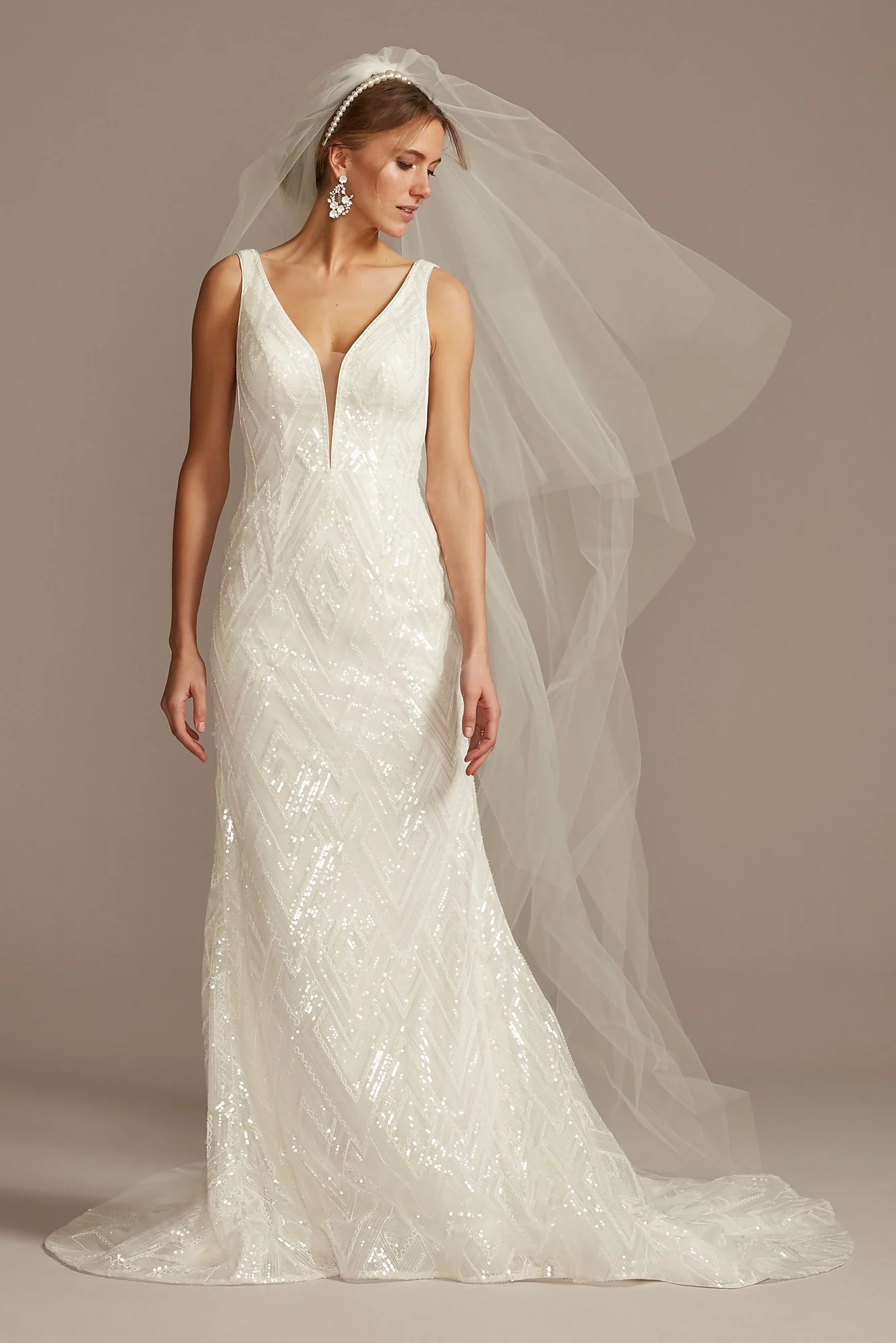 Geometric Beaded Illusion Plunge Wedding Dress - Image 2